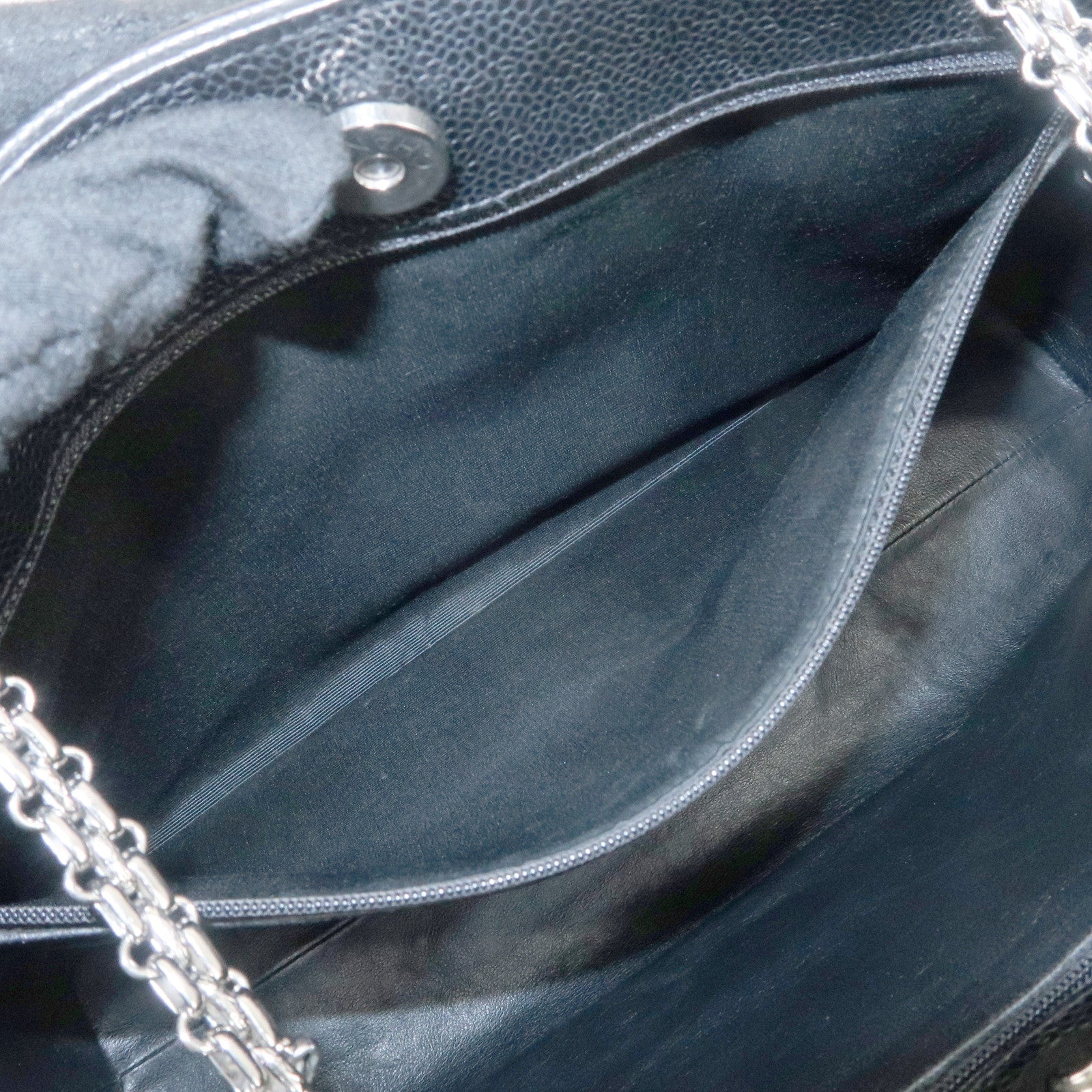 CHANEL Caviar Skin Chain Tote Bag Shoulder Black Silver HDW