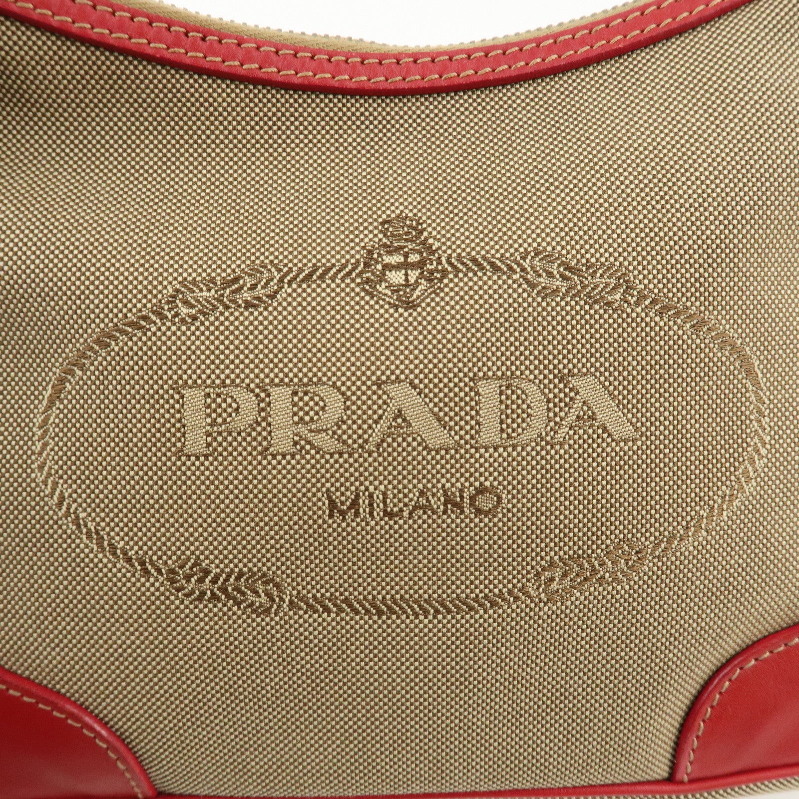 PRADA Logo Jacquard Leather Shoulder Bag Beige Red