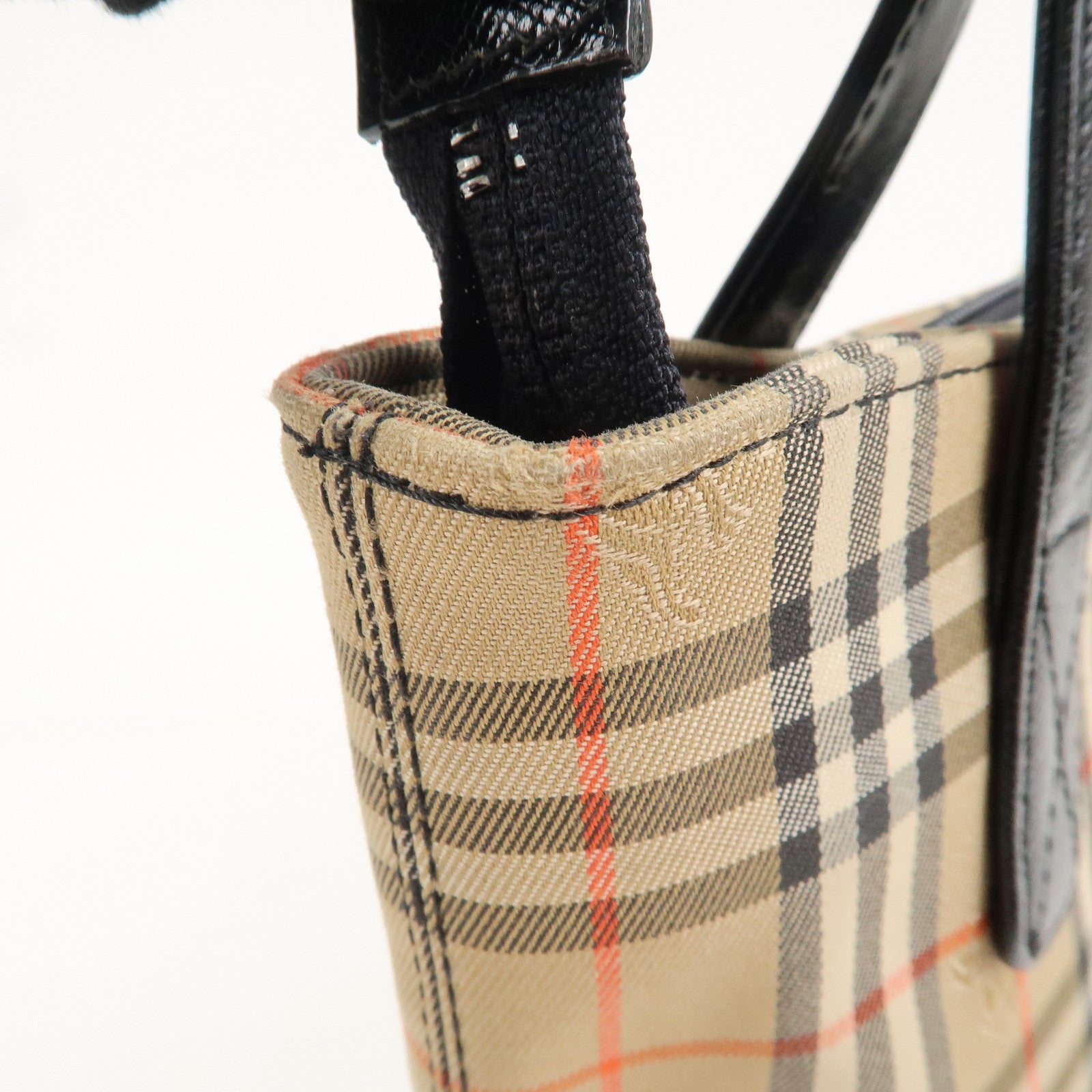 BURBERRY Canvas Leather Nova Plaid Tote Hand Bag Beige Black