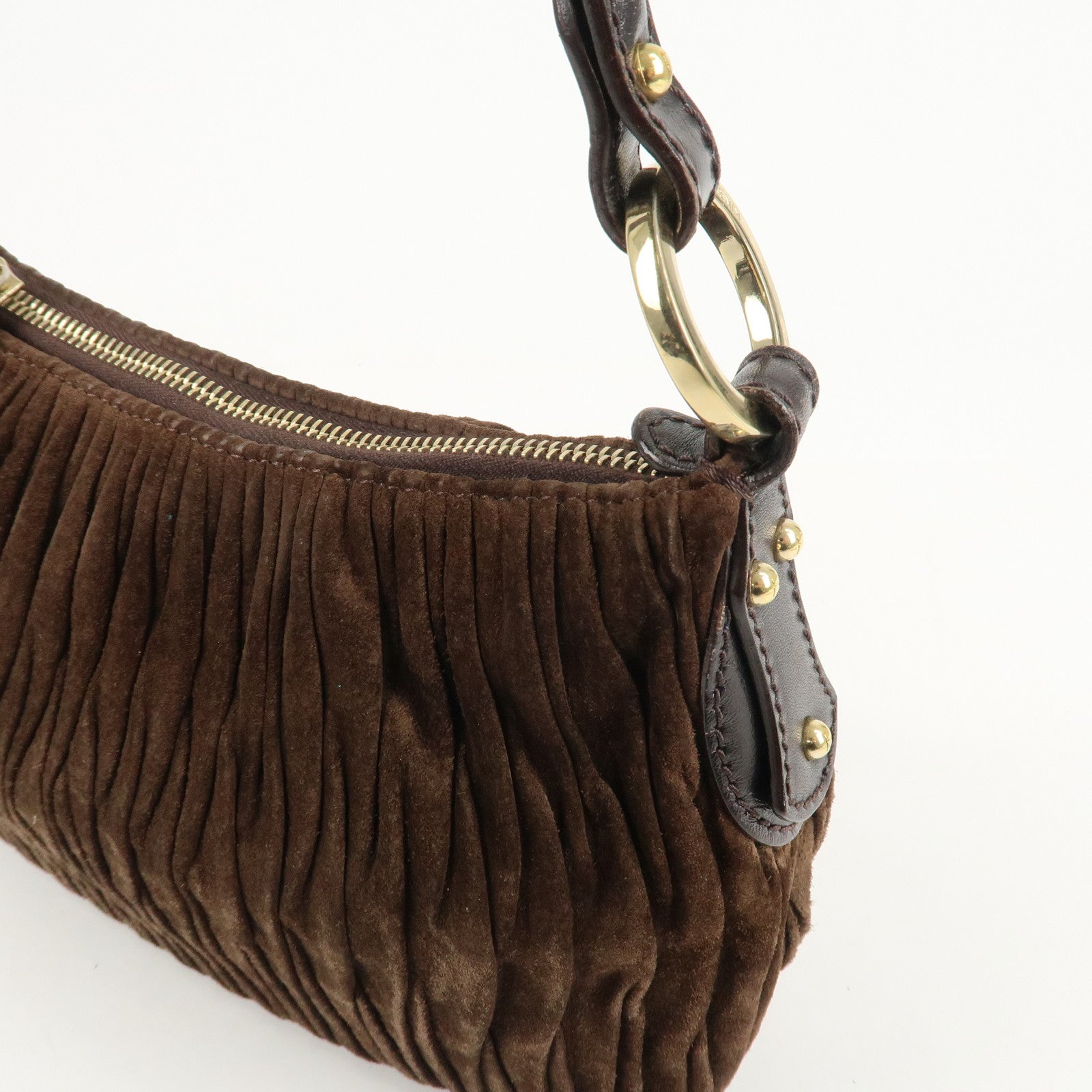 FENDI Suede Leather Gathered Shoulder Bag Dark Brown 8BR454