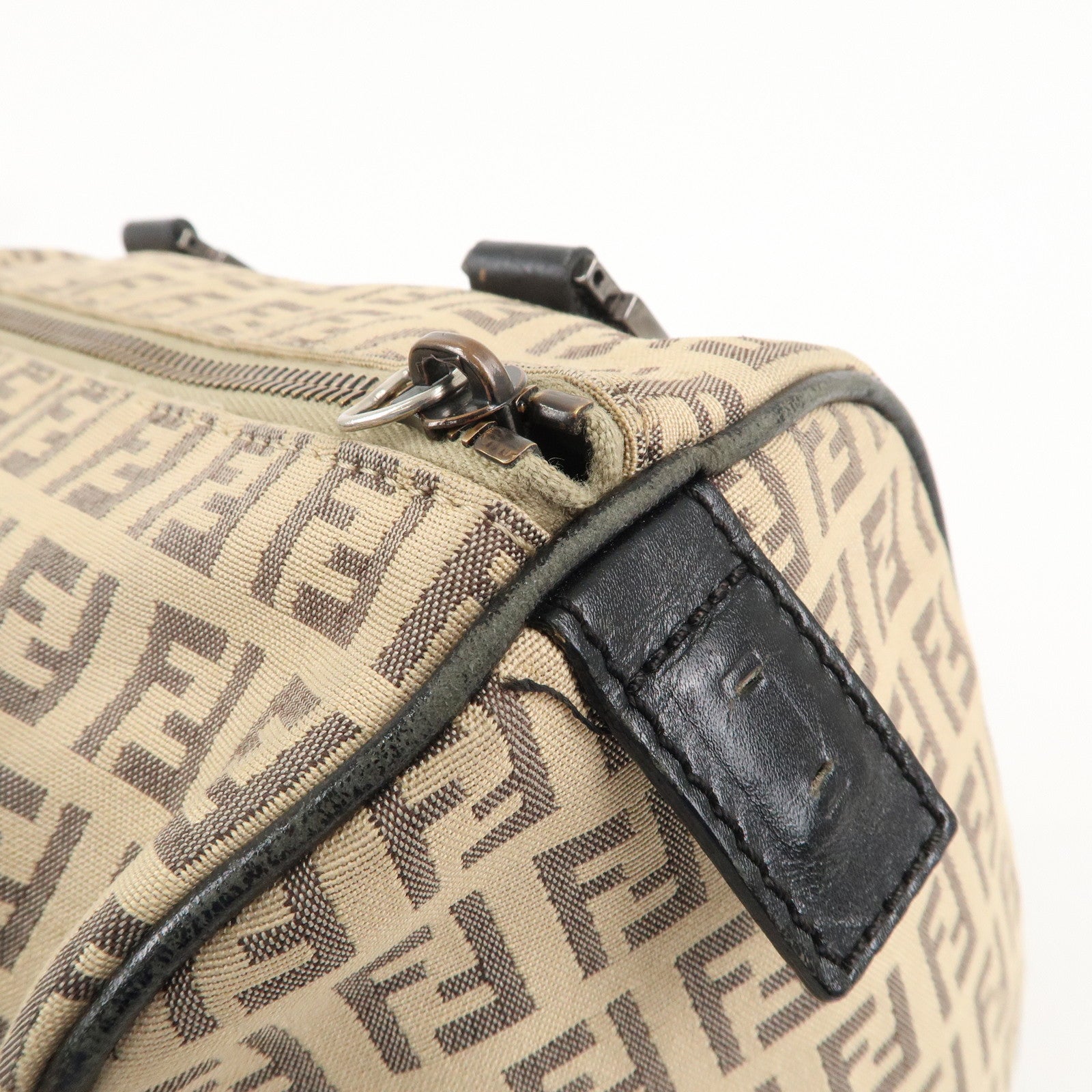 FENDI Zucchino Canvas Leather Mini Boston Bag Beige Black