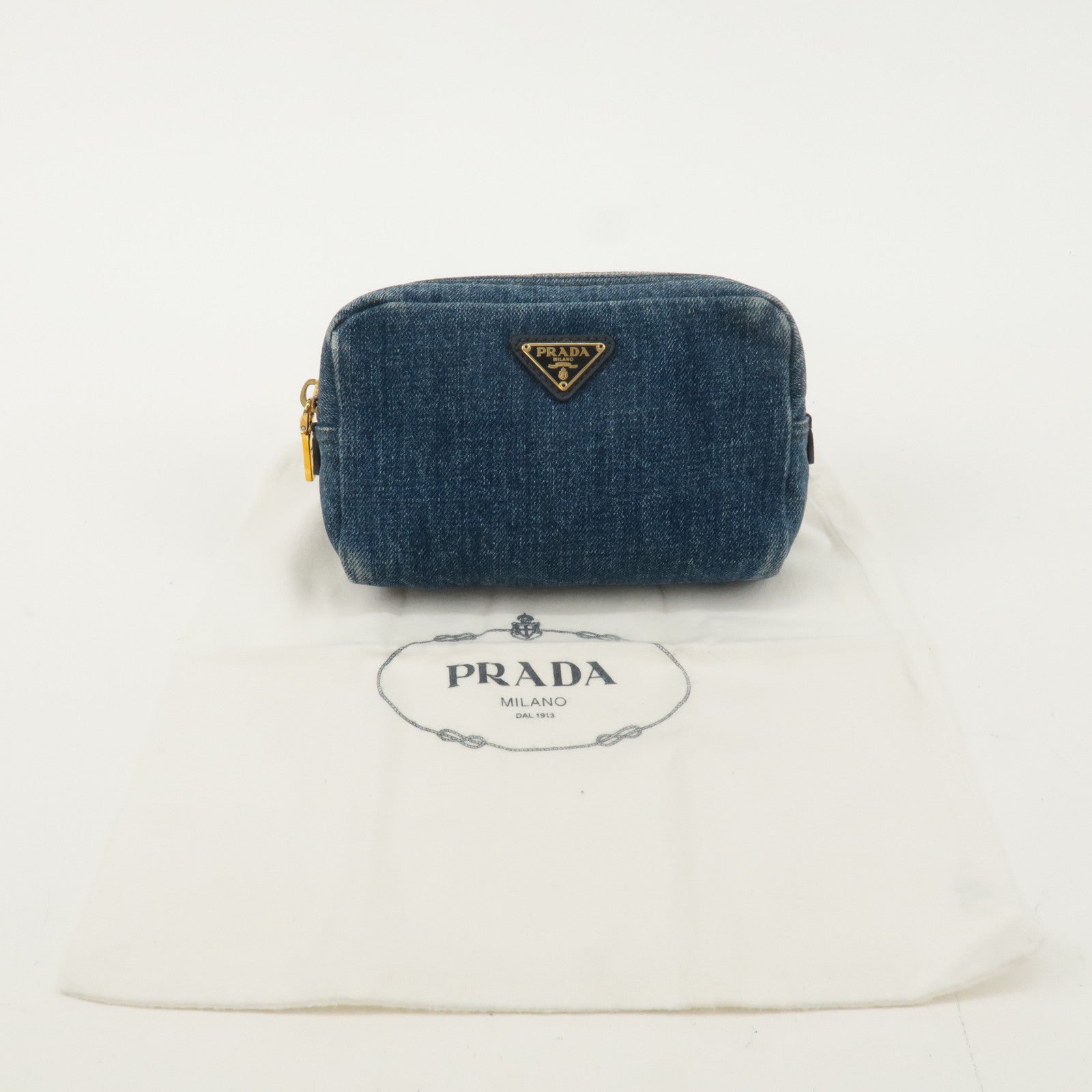 PRADA Logo Denim Cosmetic Pouch Blue