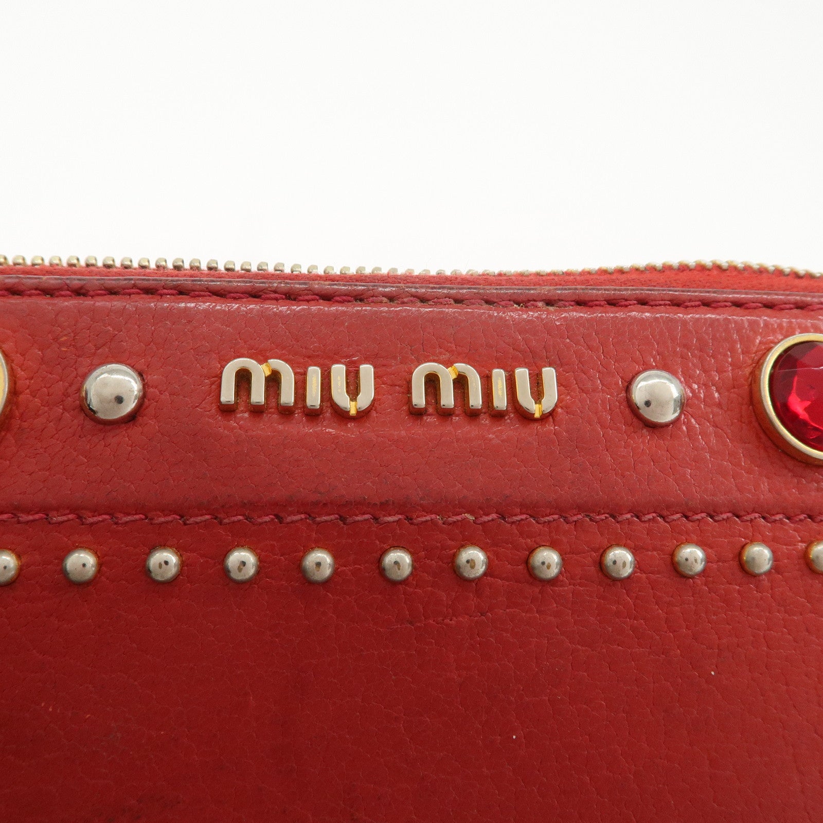 MIU MIU Leather Round Zipper Long Wallet Bijou Studs Red