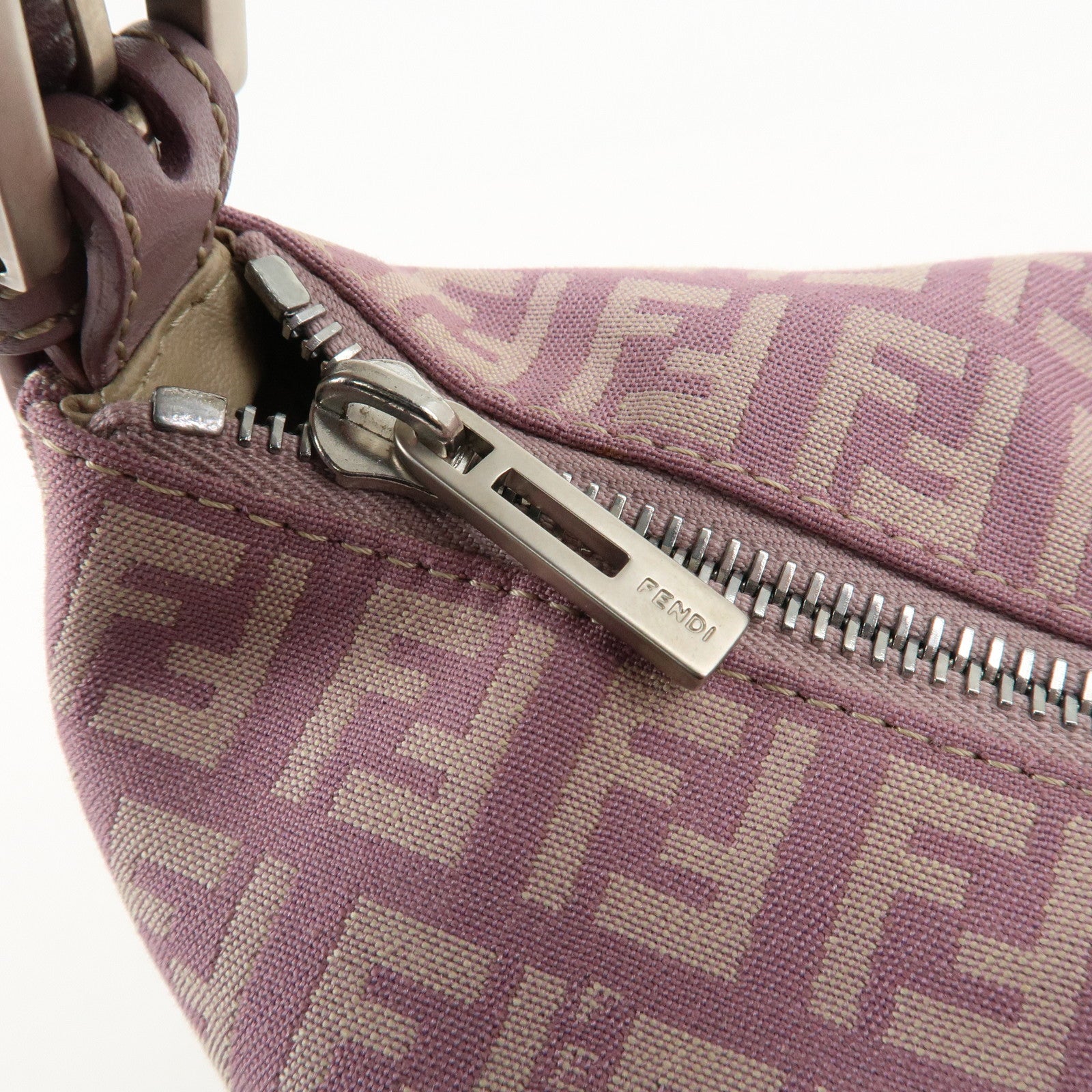 Auth FENDI  Zucchino Canvas Leather Hand Bag Pouch Purple Beige 8N0005 Used F/S