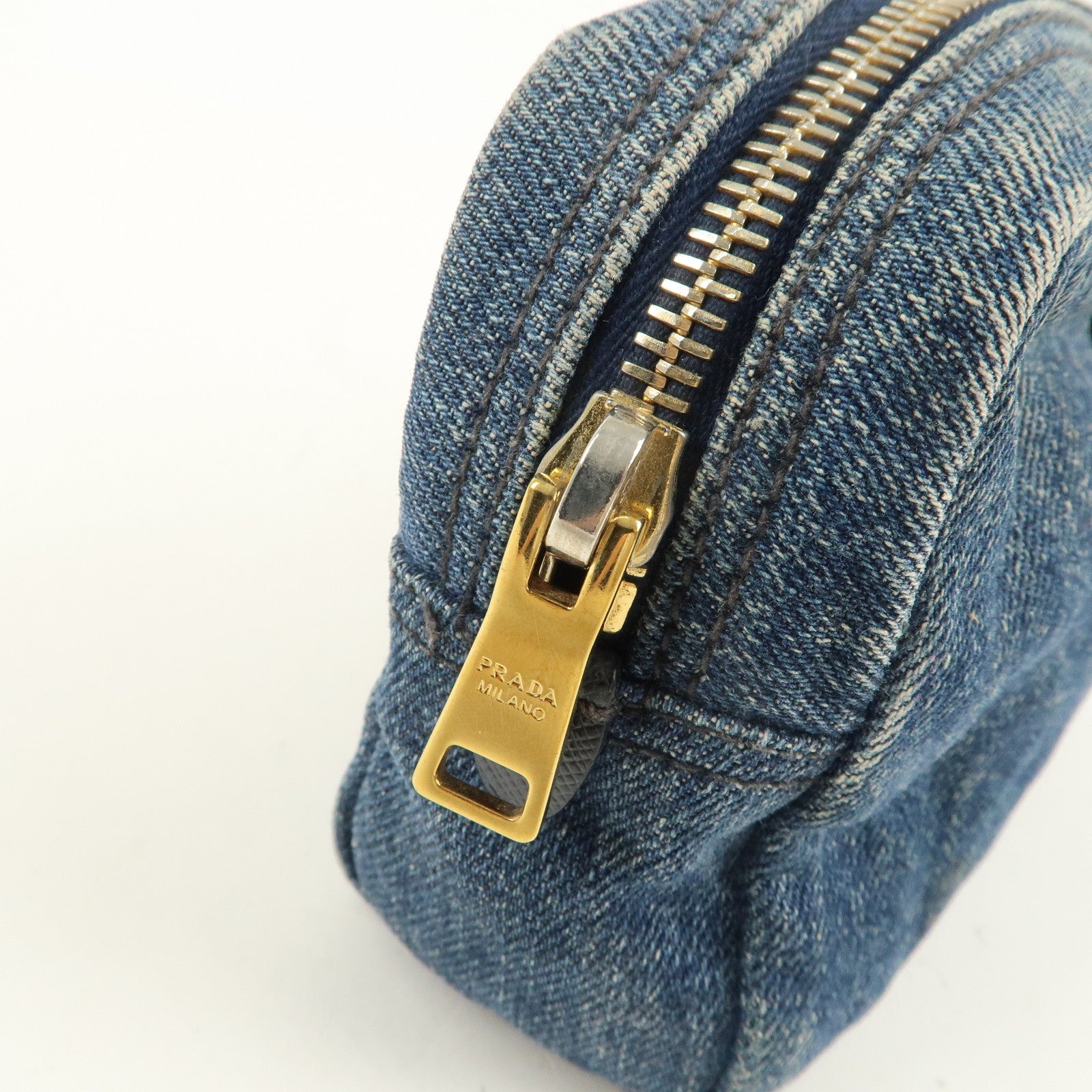 PRADA Triangle Logo Denim Pouch Cosmetic Pouch Blue Gold Hardware