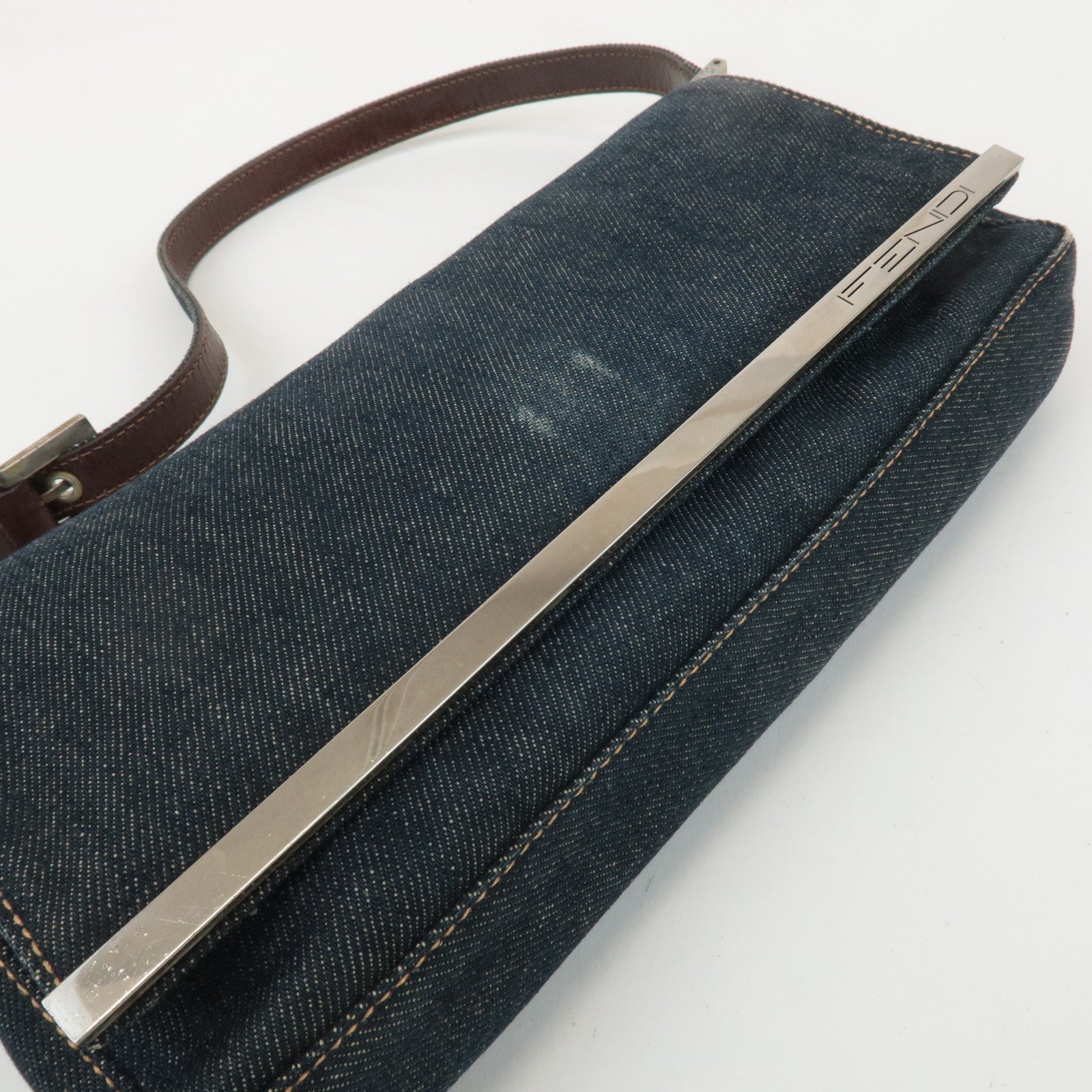 FENDI Denim Leather Shoulder Bag Indigo Brown 26640