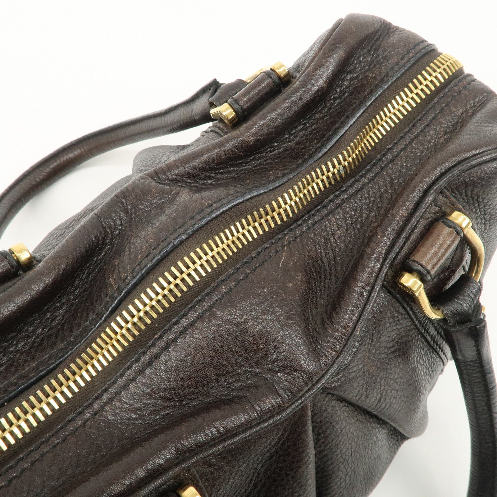 BURBERRY Leather Boston Bag Hand Bag Dark Brown