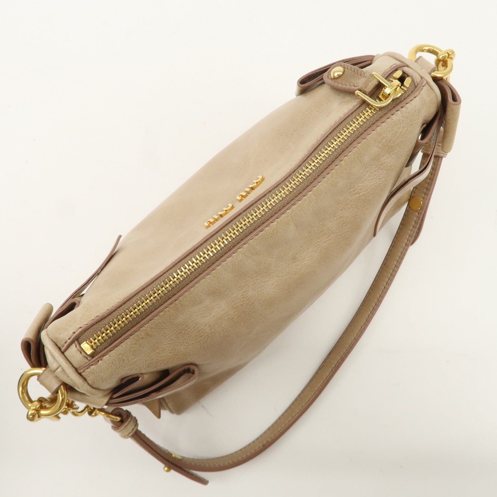 MIU MIU Leather Shoulder Bag Beige Gold Hardware Used