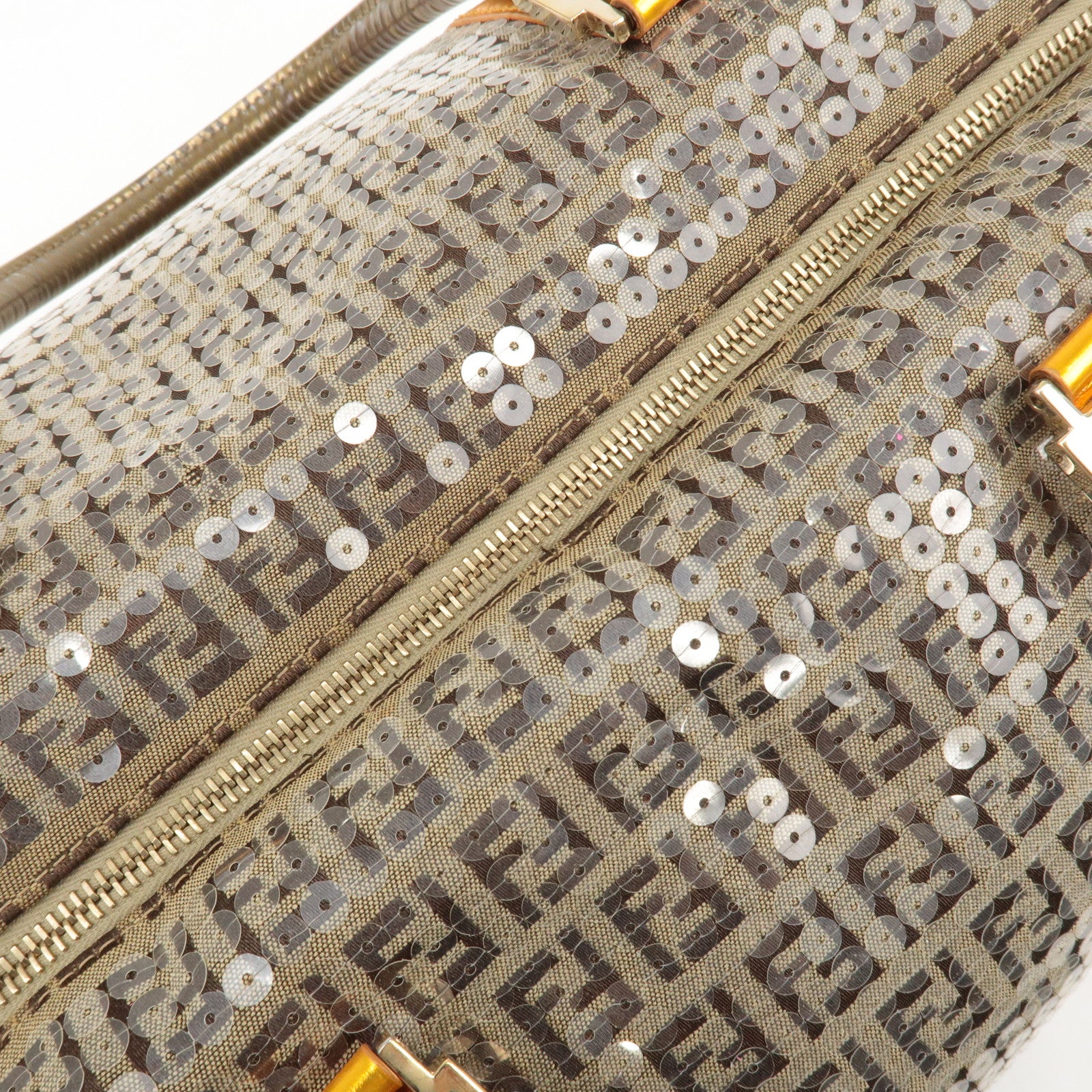 FENDI Zucchino Canvas Leather Beaded Boston Bag 8BL099 Used