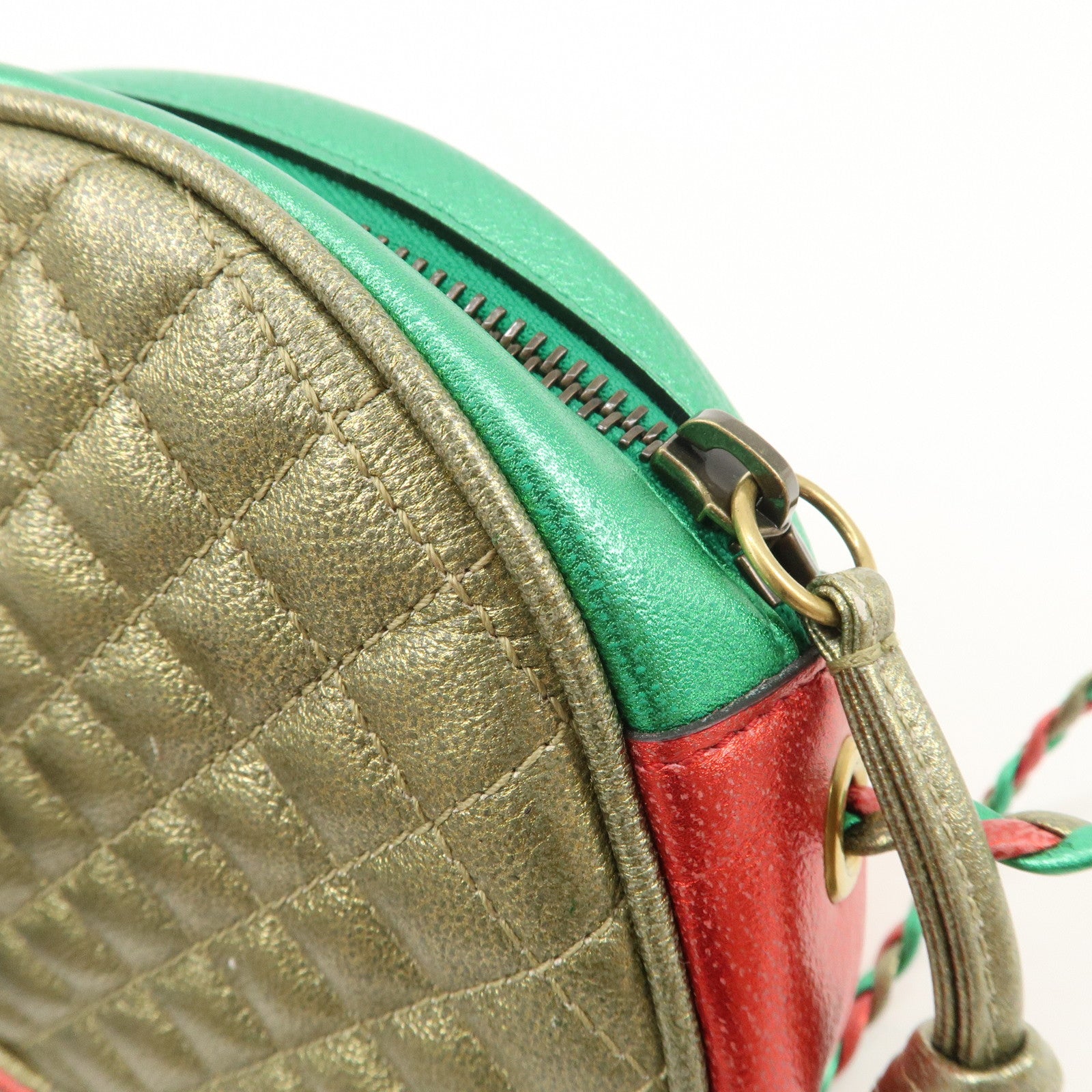 GUCCI Laminate Quilting Leather Shoulder Bag Green Red Gold 534951