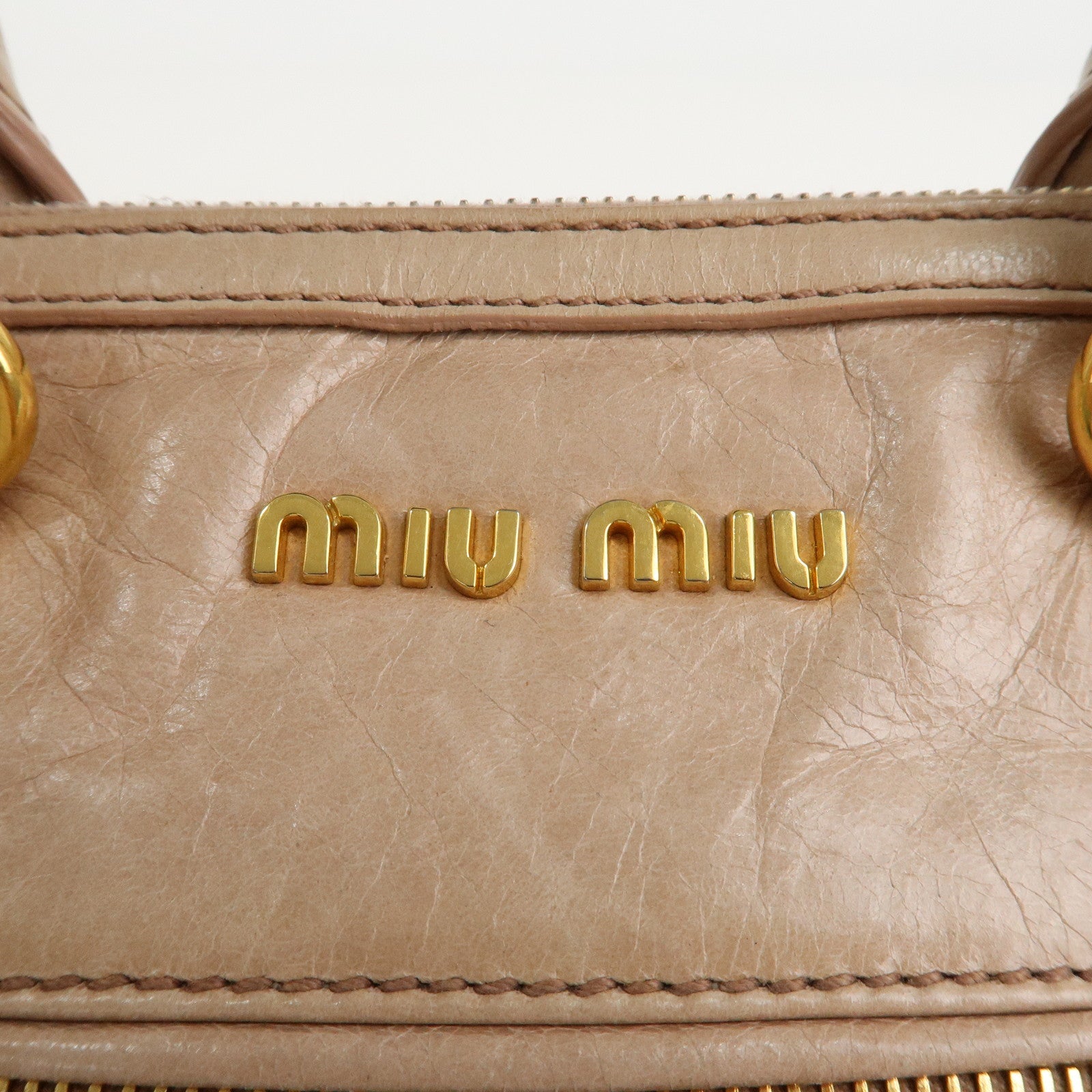 MIU MIU Logo Leather 2 Way Hand Bag Shoulder Bag Beige Used