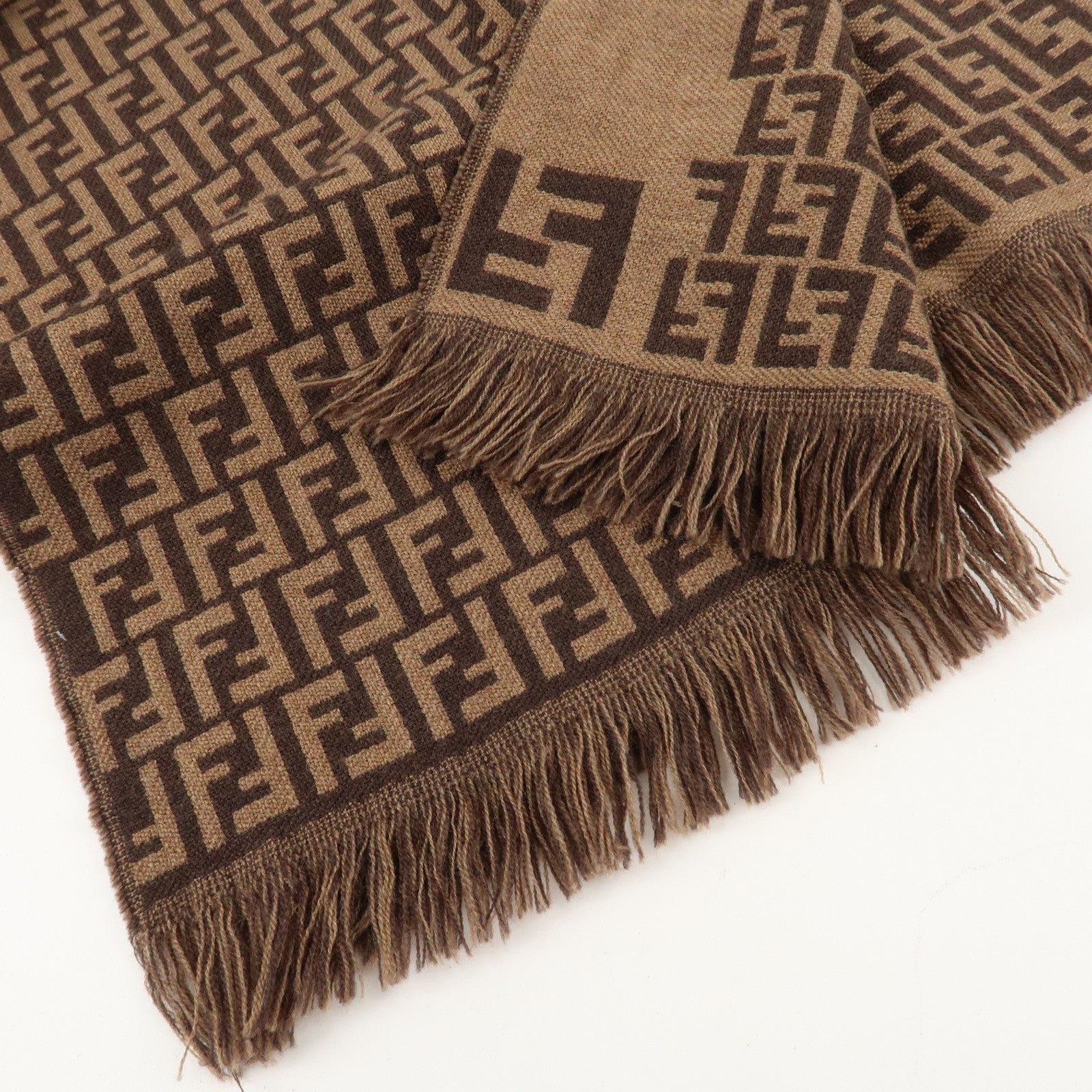 FENDI Zucchino Wool 100% Scarf Brown Black Used