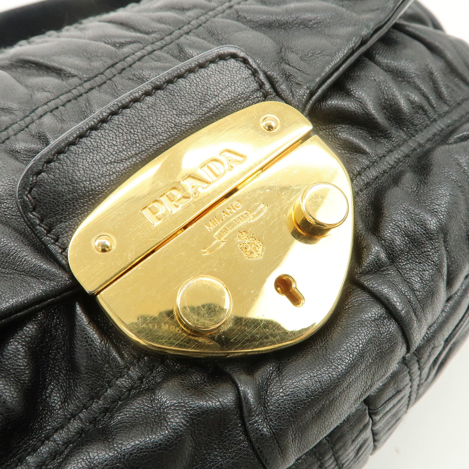 PRADA Leather Gathered 2WAY Shoulder Bag Black BN1639