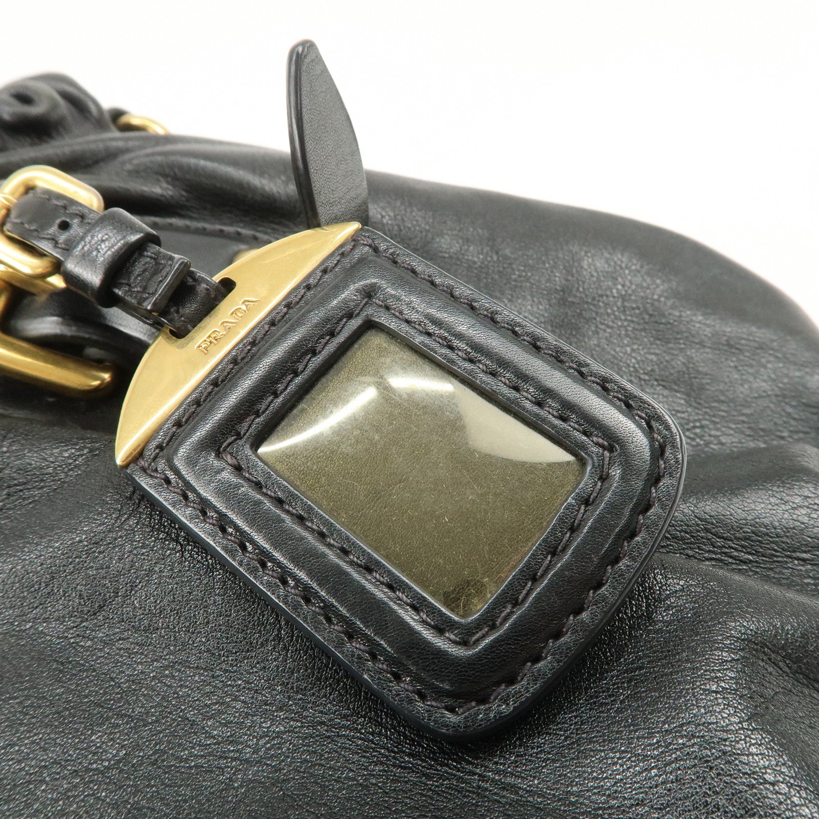 PRADA Logo Leather Gathered Hand Bag Black Gold HDW BR4259 Used