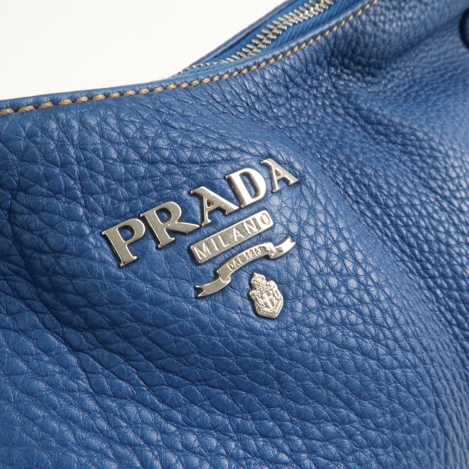 PRADA Logo Leather Shoulder Bag Blue Silver HDW