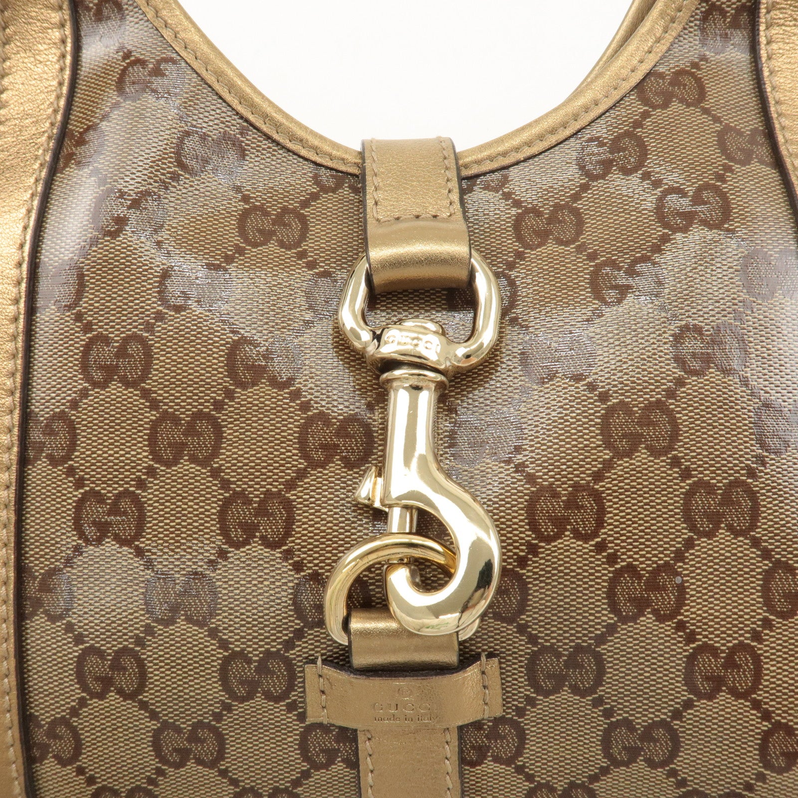 GUCCI GG Crystal Leather Hand Bag Beige Gold 203495