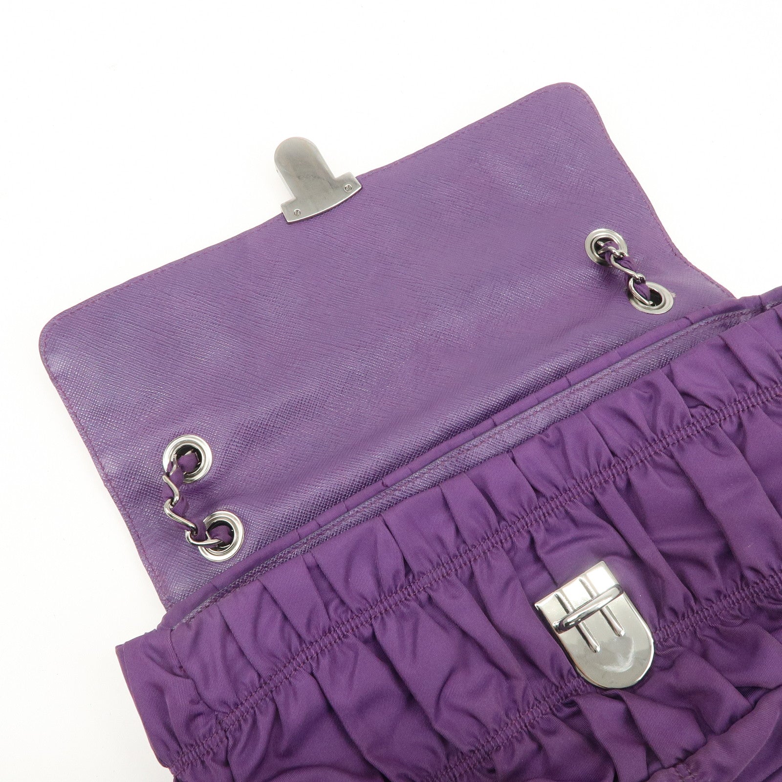 PRADA Nylon Leather Gathered Shoulder Bag Purple BR4609