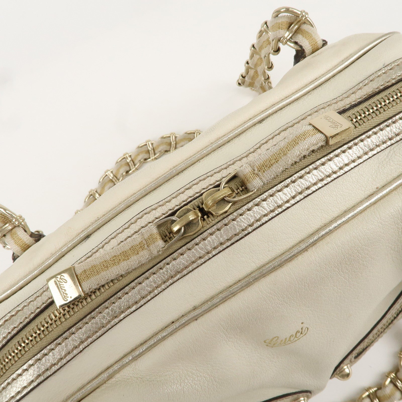 GUCCI Sherry Line Leather Chain Shoulder Bag Ivory Gold 152462