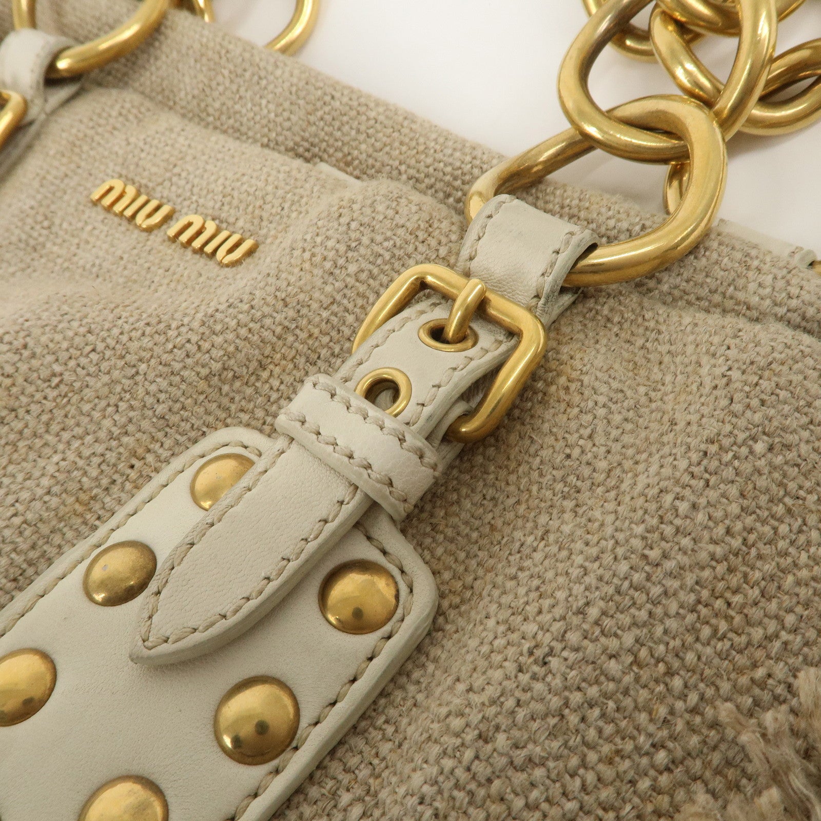 MIU MIU Canvas Leather Tote Bag Beige Gold Hardware