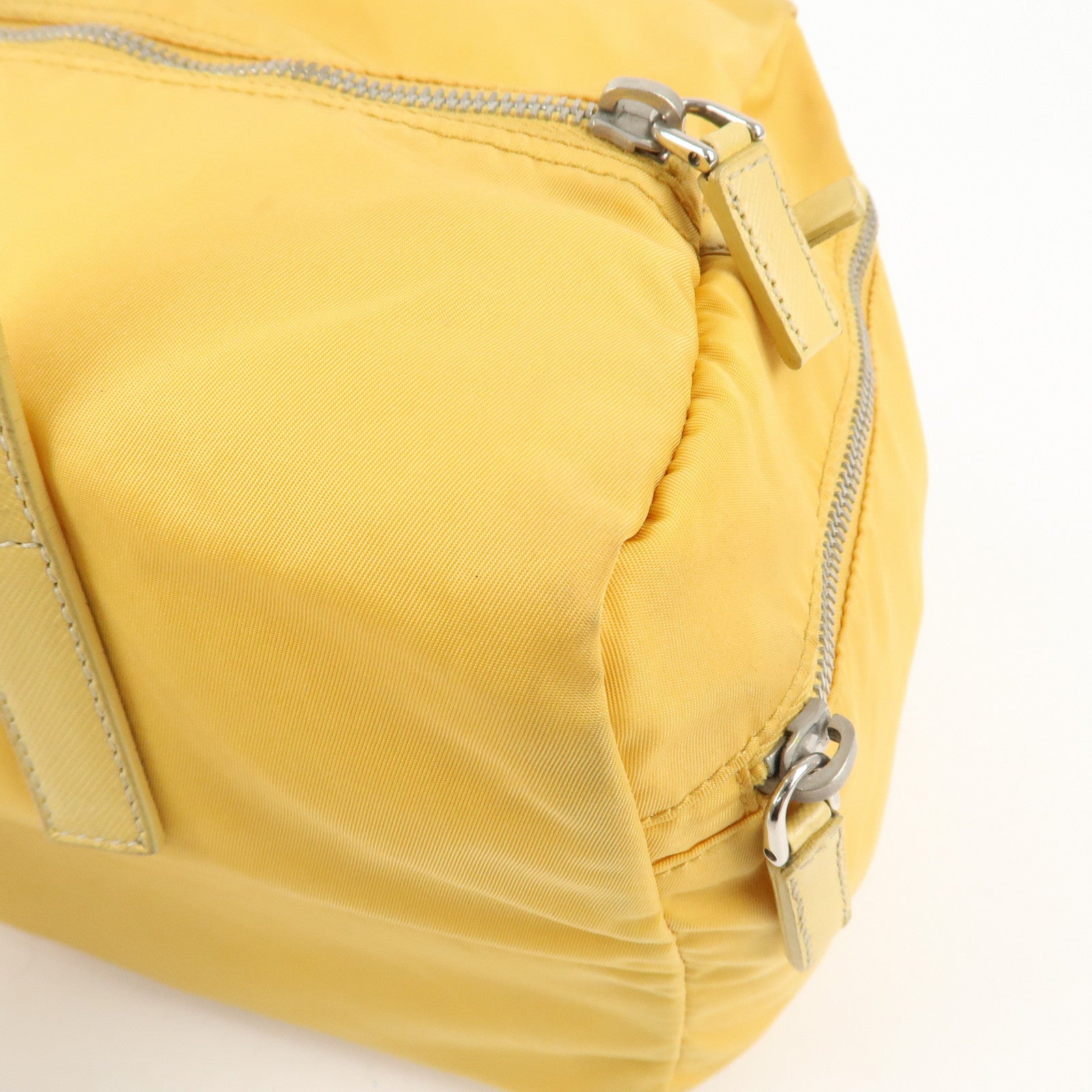 PRADA Logo Nylon Leather Boston Bag Shoulder Bag Yellow Silver