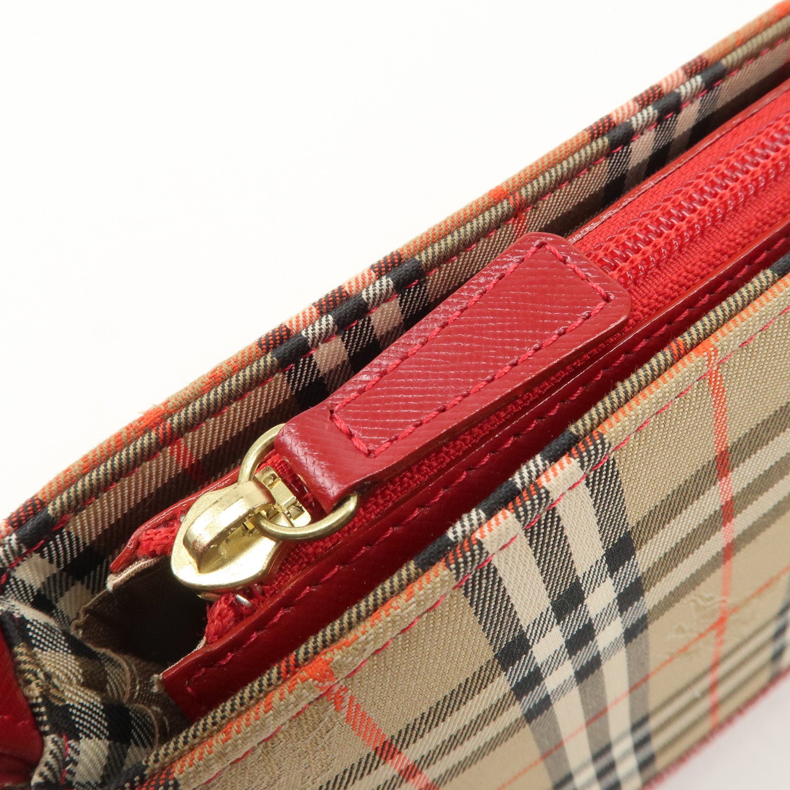 BURBERRY Nova Plaid Canvas Leather Shoulder Bag Hand Bag Red