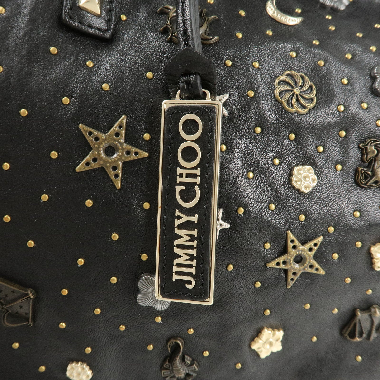 JIMMY CHOO Zodiac Leather Studs Tote Bag Hand Bag Black Used