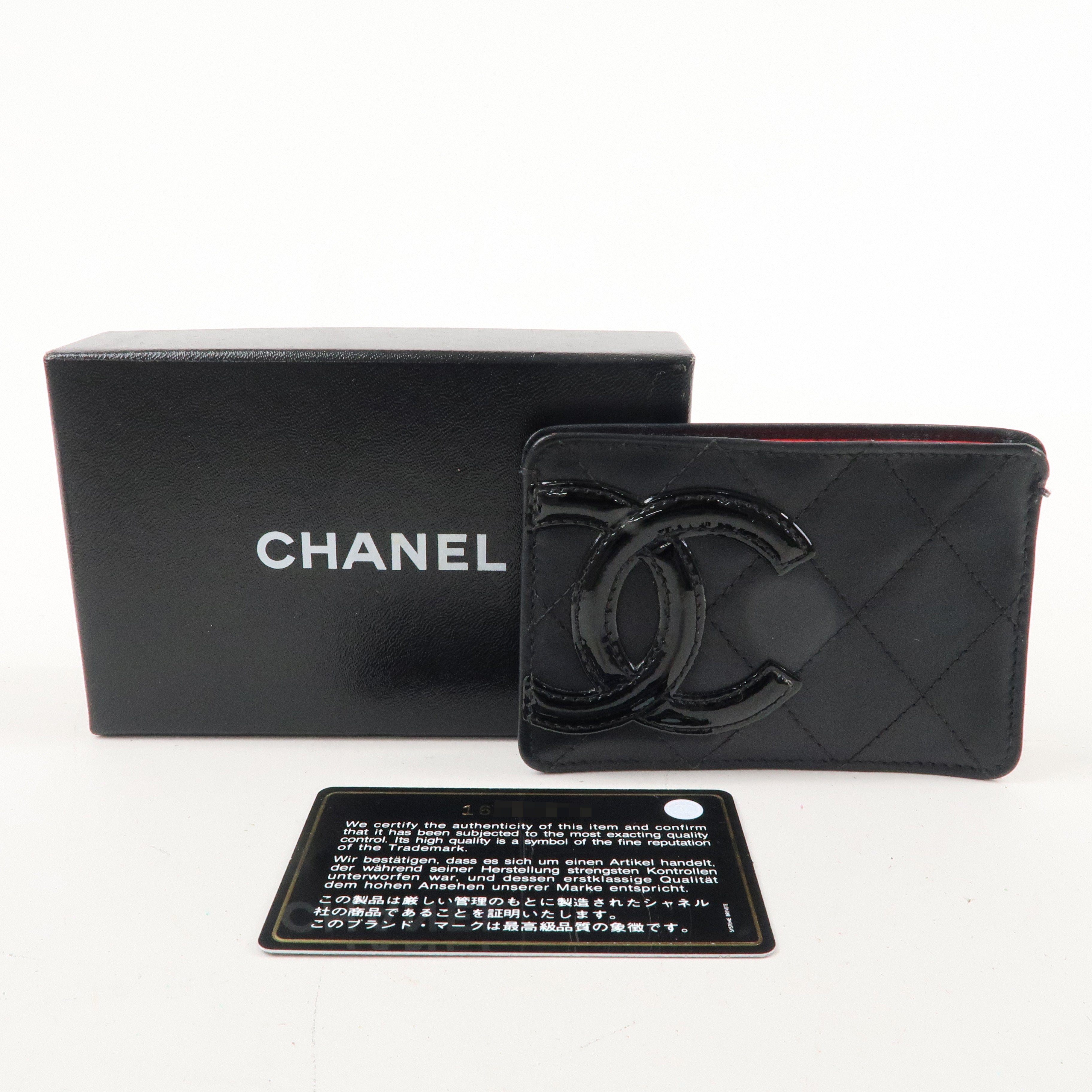 CHANEL Cambon Line Lamb Skin Card Case Black Pink A26725