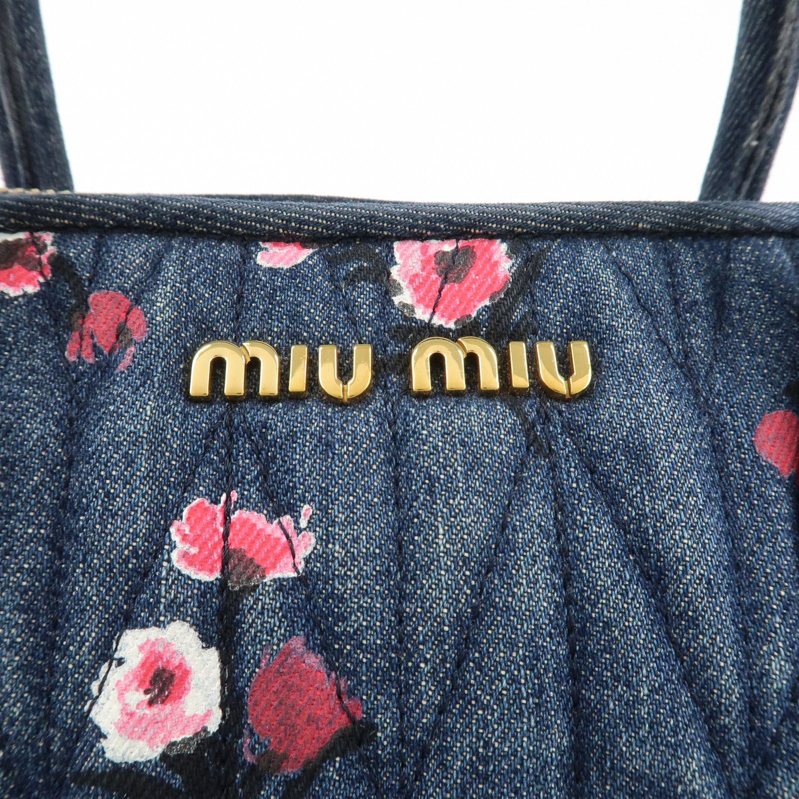 MIU MIU Matelasse Denim Leather 2Way Bag Hand Bag Flower 5BB020 Used