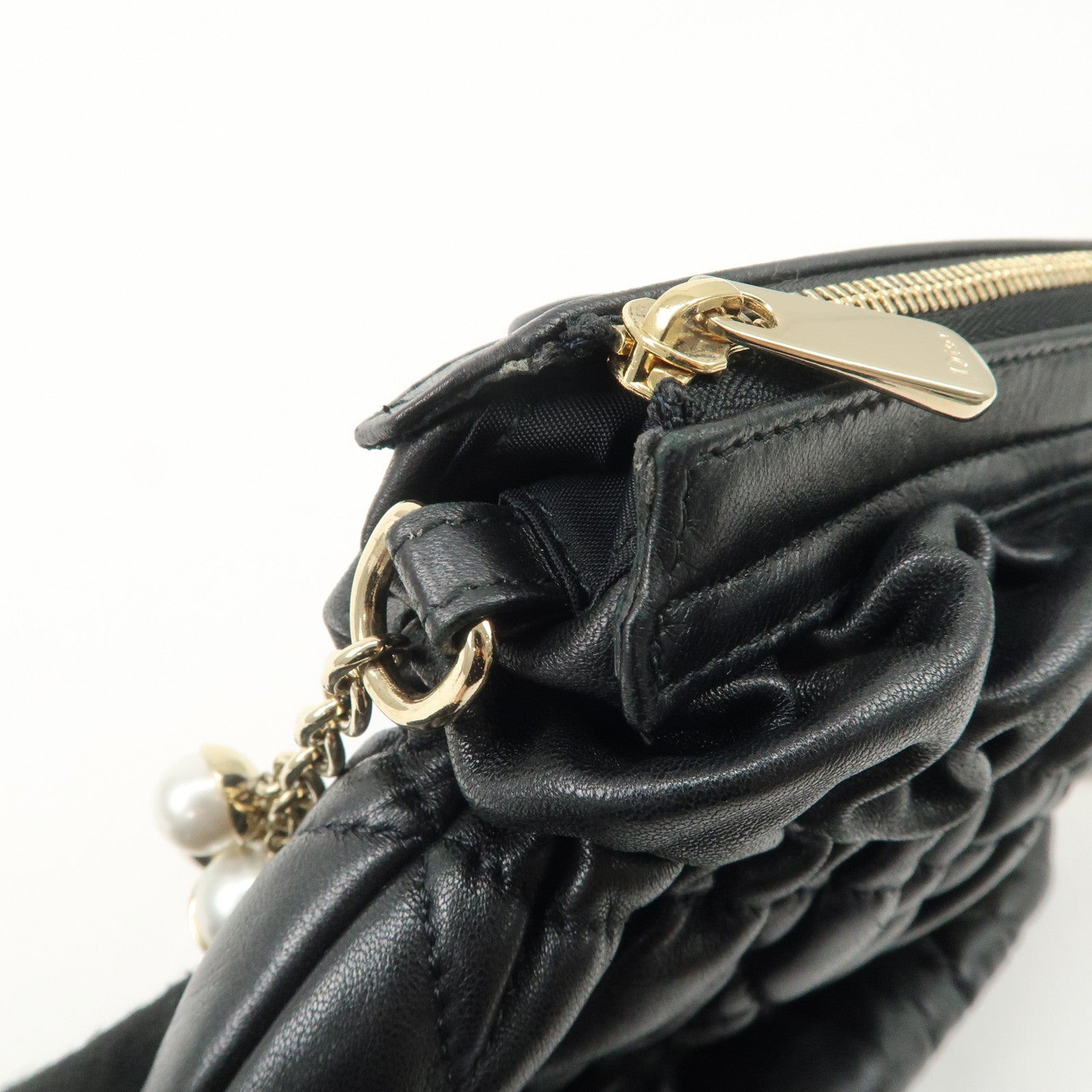 Christian Dior Leather Peal Chain Shoulder Bag Hand Bag Black Used