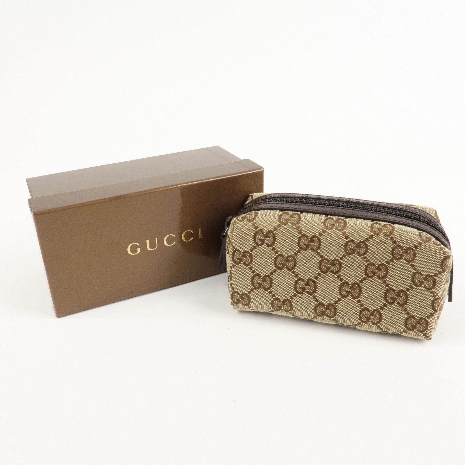 GUCCI GG Canvas Leather Pouch Cosmetic Pouch Beige Brown 29596 Used