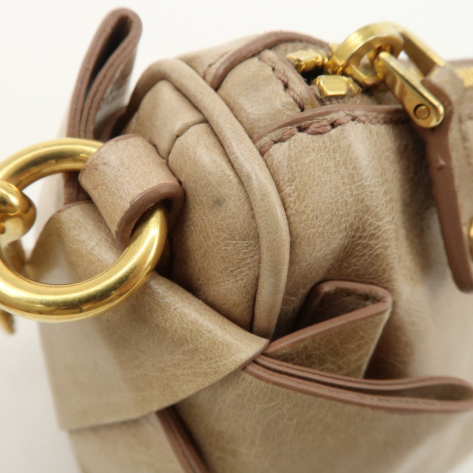 MIU MIU Leather Shoulder Bag Beige Gold Hardware Used