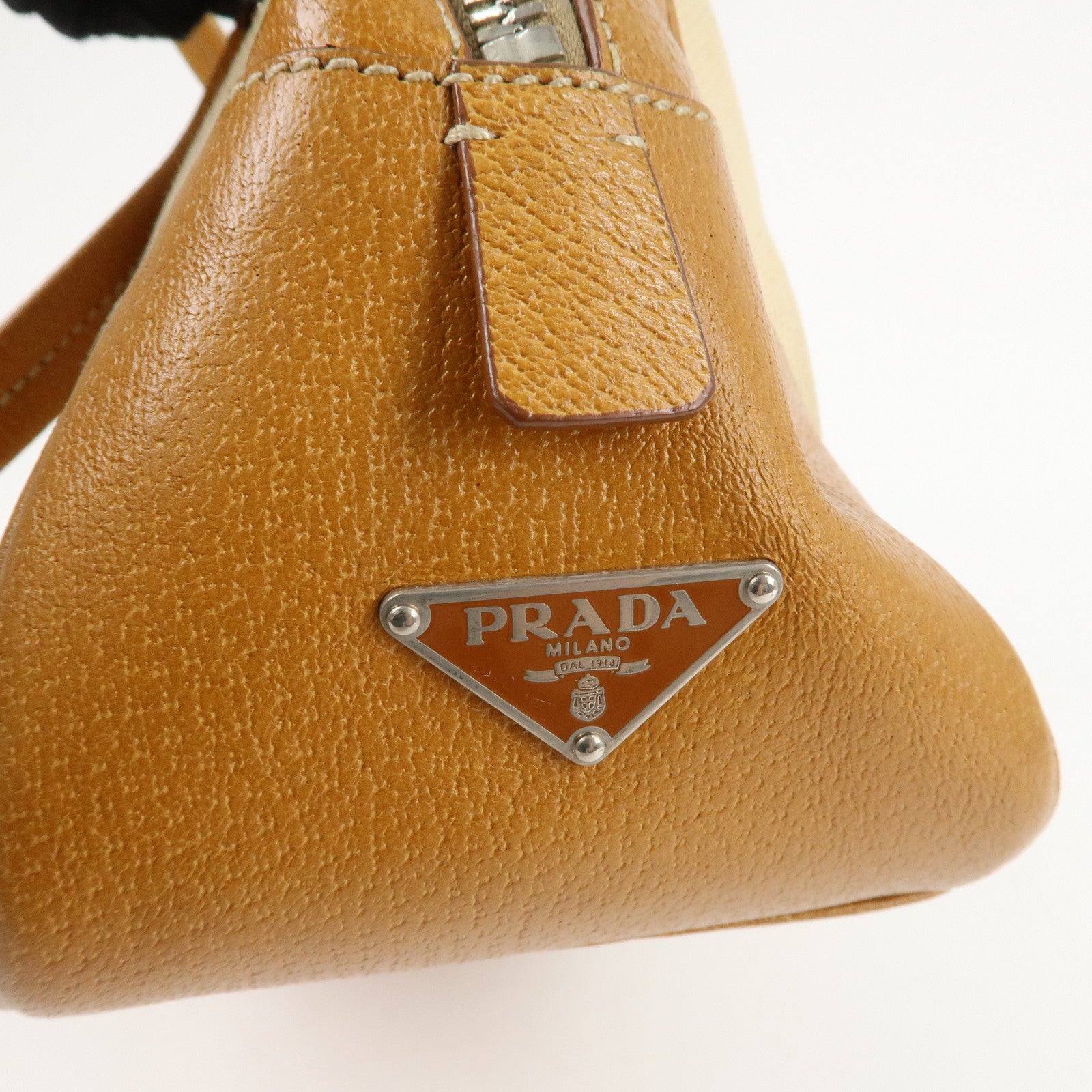 PRADA Canvas Leather Triangle Logo Boston Bag Ivory Brown