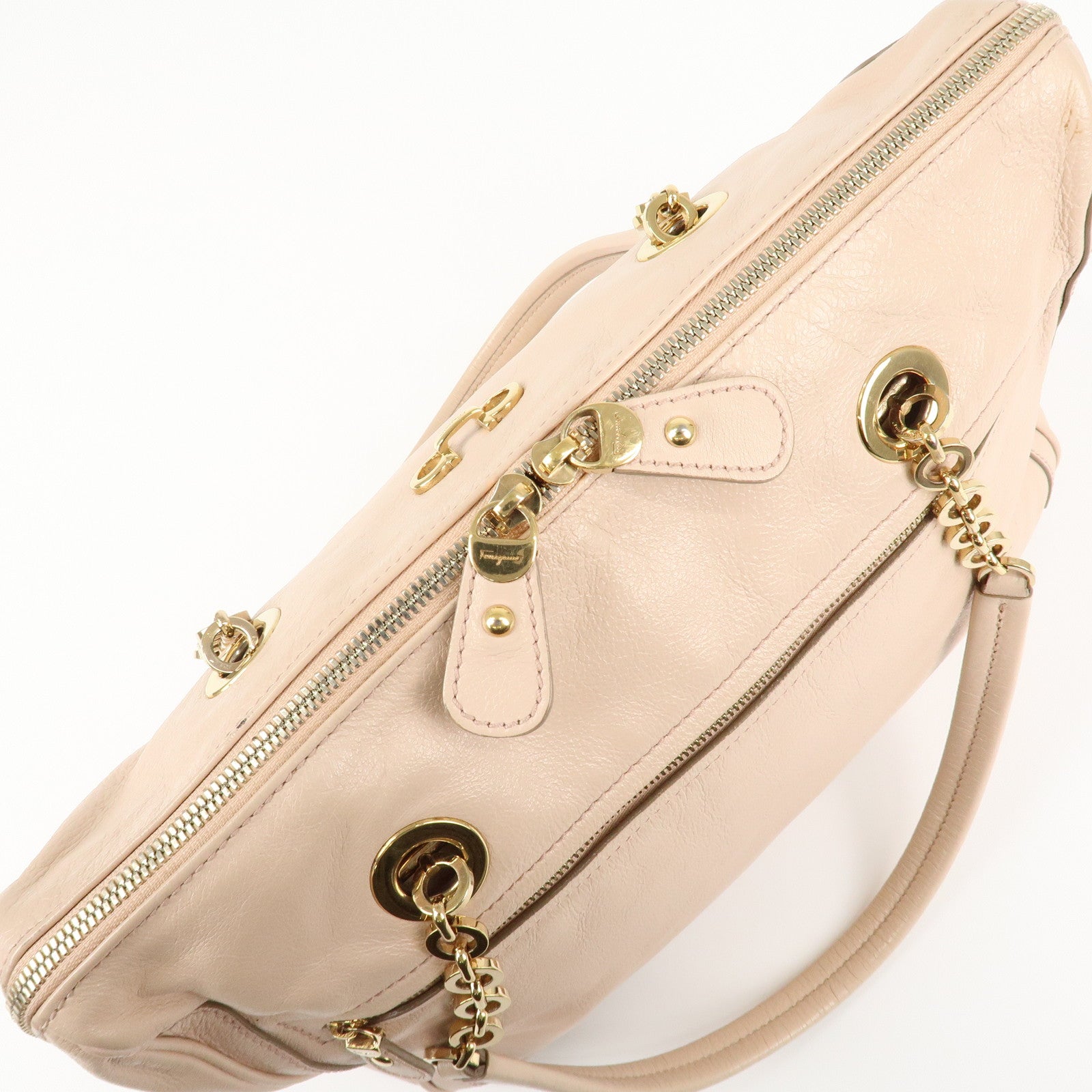 Ferragamo Gancini Chain Shoulder Bag Hand Bag Pink Beige Used