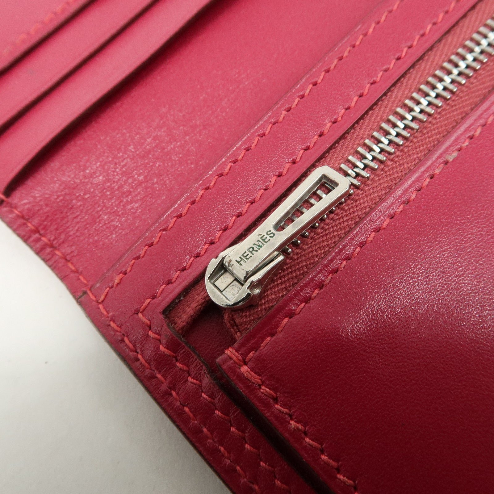 HERMES Leather Bearn I Engraved Long Wallet Pink