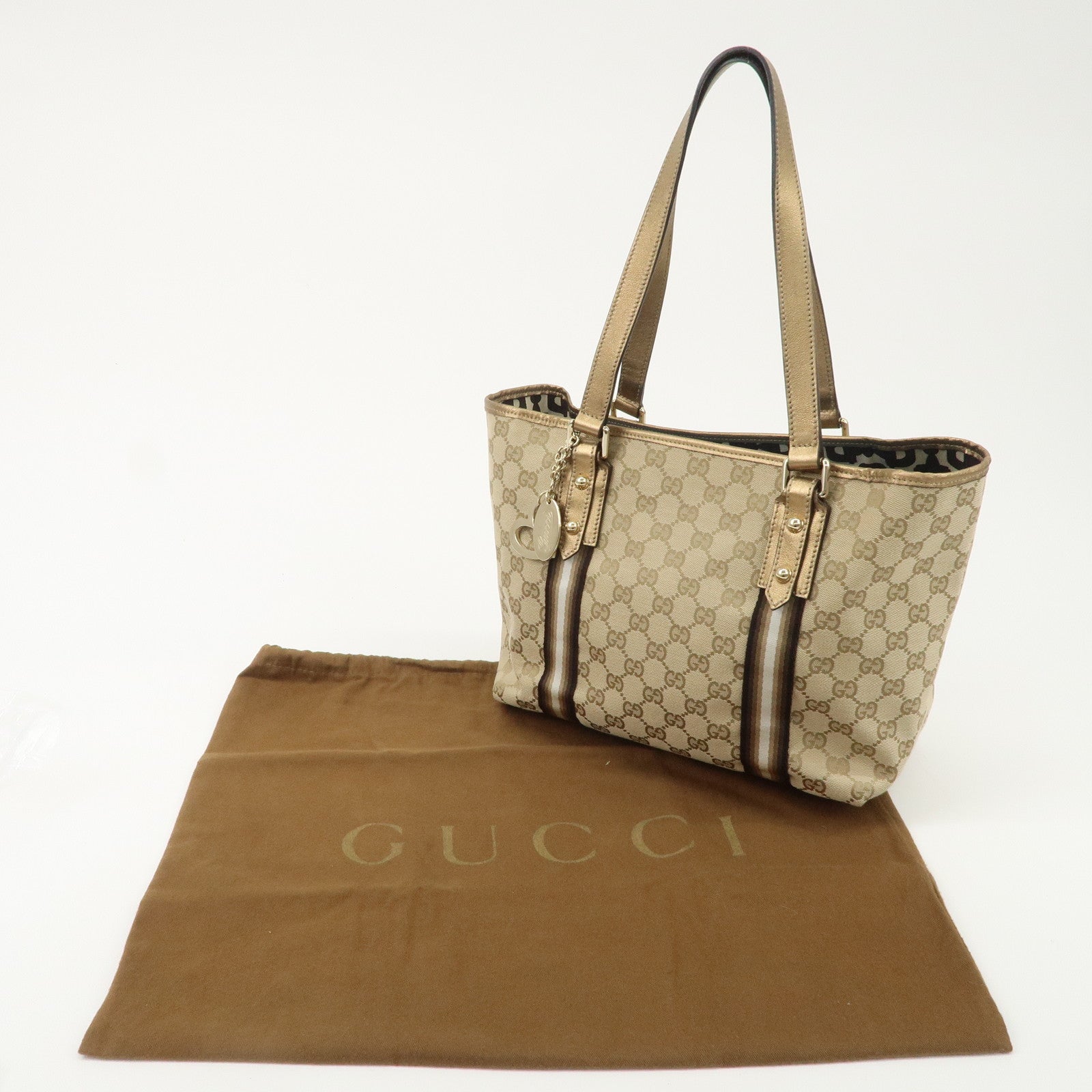 GUCCI Sherry GG Canvas Leather Tote Bag Beige Gold 137396