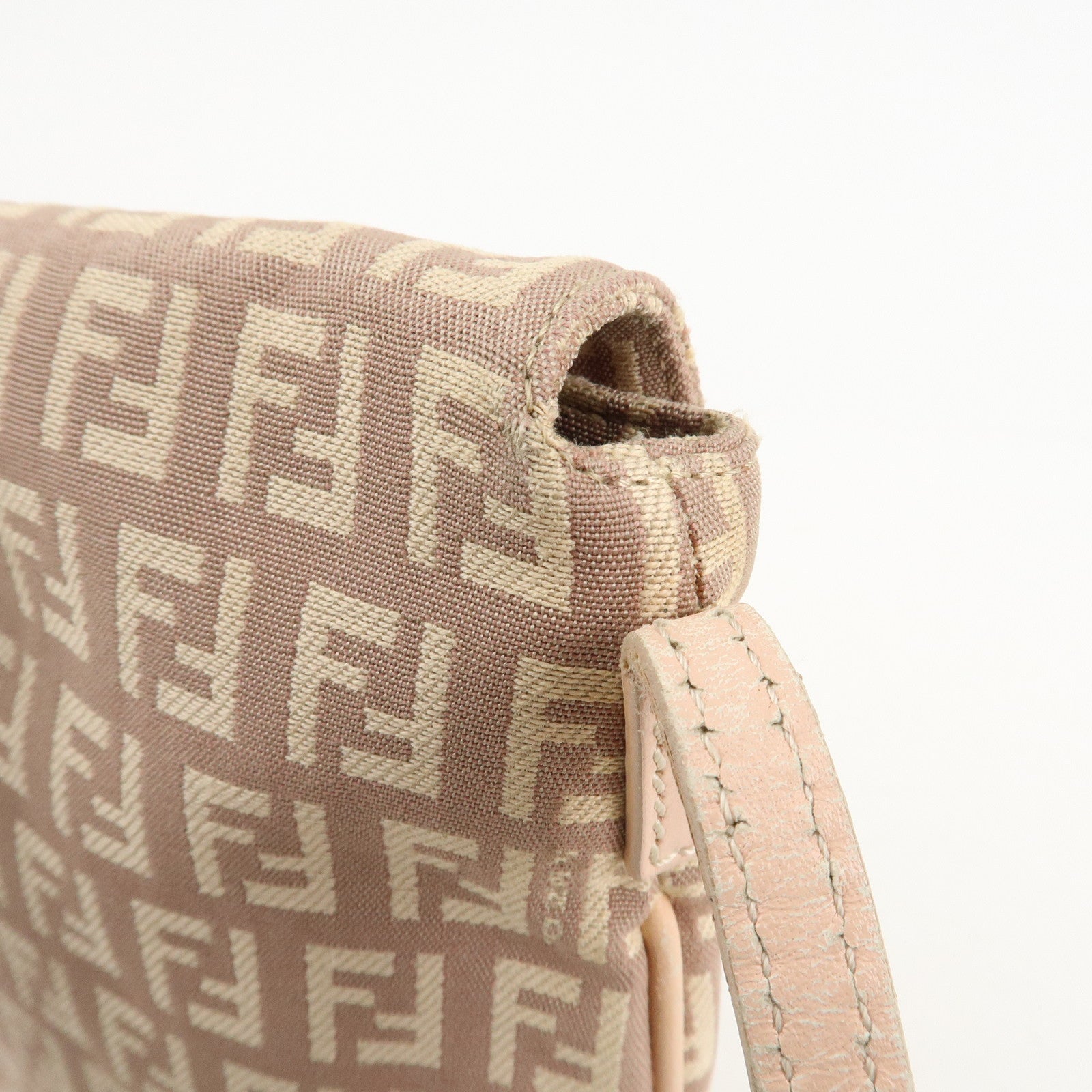 FENDI Zucchino Canvas Leather Shoulder Bag Pink Beige 8BT075 Used