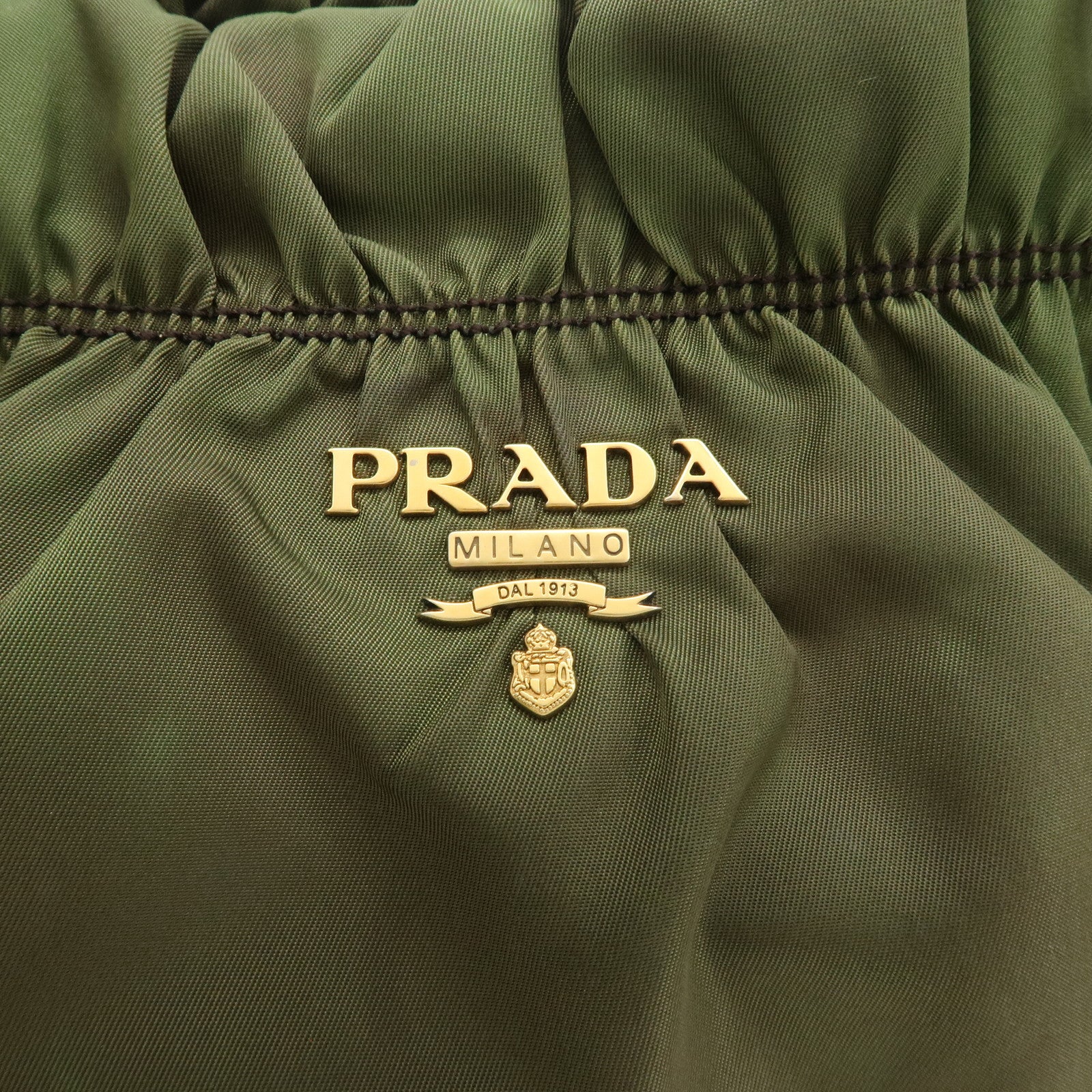 PRADA Nylon Leather Gathered Hand Bag Green Brown BN1793