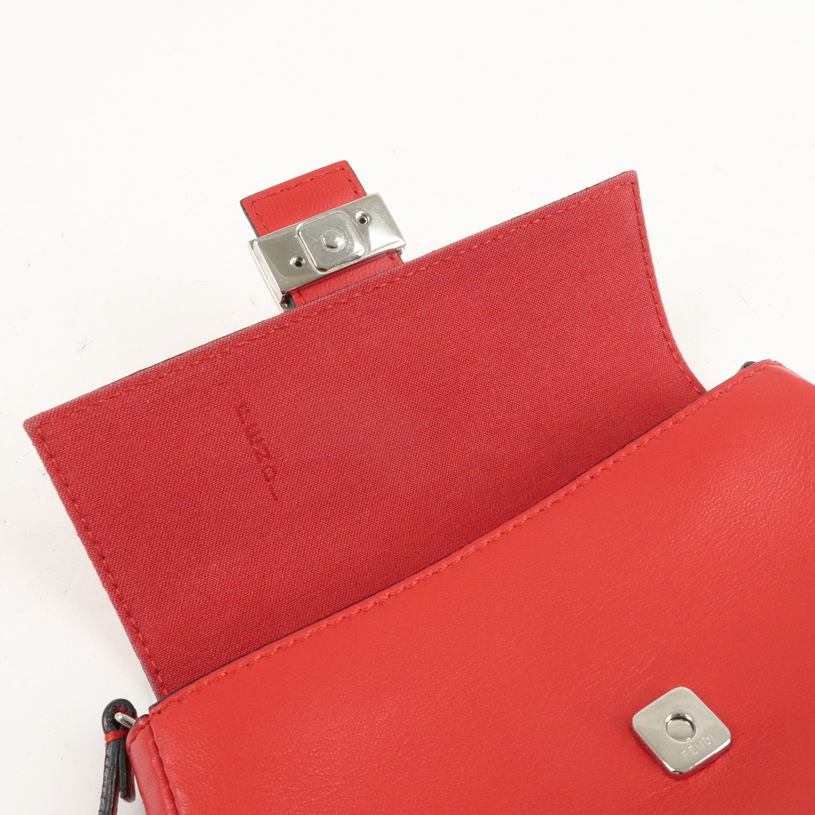 FENDI Micro Baguette Leather Shoulder Bag Red 8M0354 Used