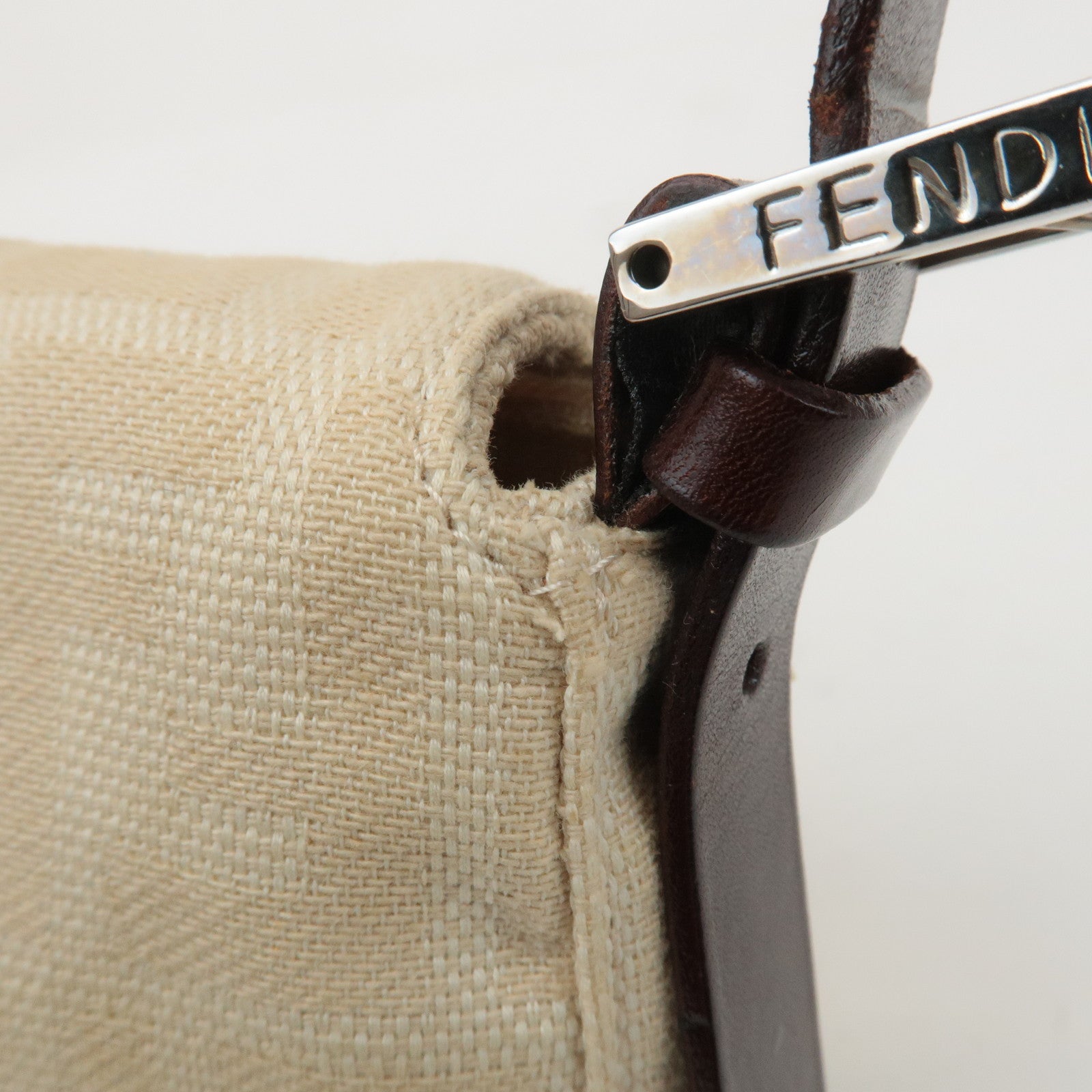 FENDI Mamma Baguette Canvas Leather Shoulder Bag Beige 26424