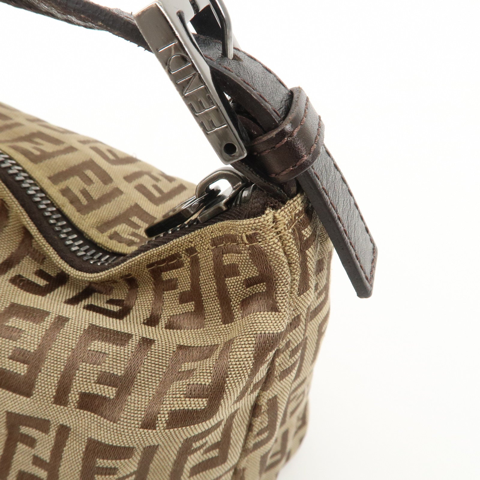 FENDI Zucchino Canvas Leather Hand Bag Beige Brown 8N0005 Used