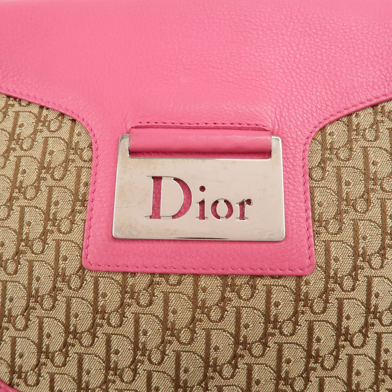 Christian Dior Trotter Canvas Leather Shoulder Bag Beige Pink