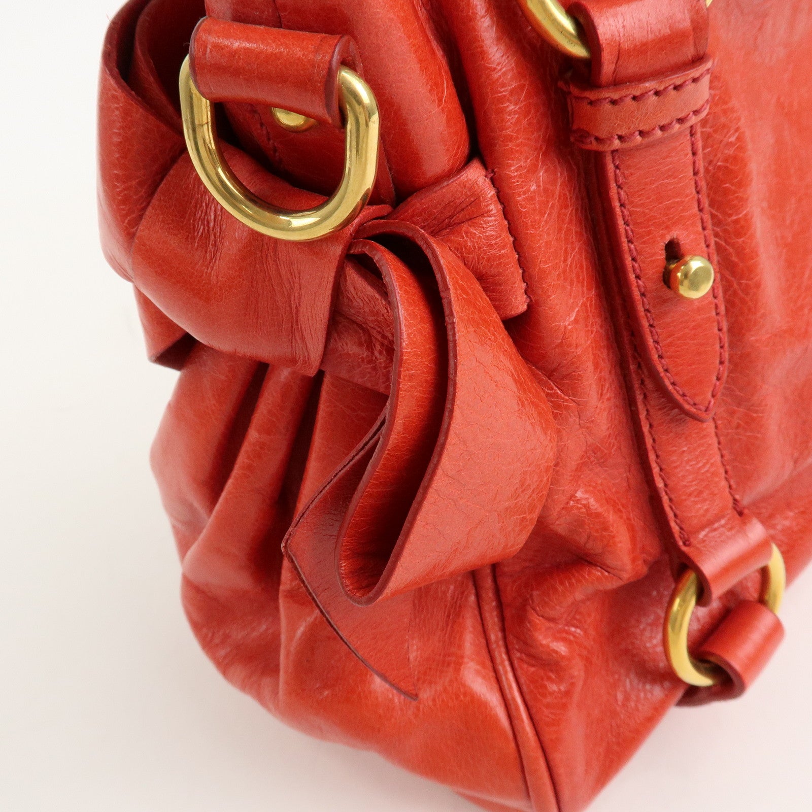 MIU MIU Leather Ribbon 2 Way Hand Bag Shoulder Bag Red Used