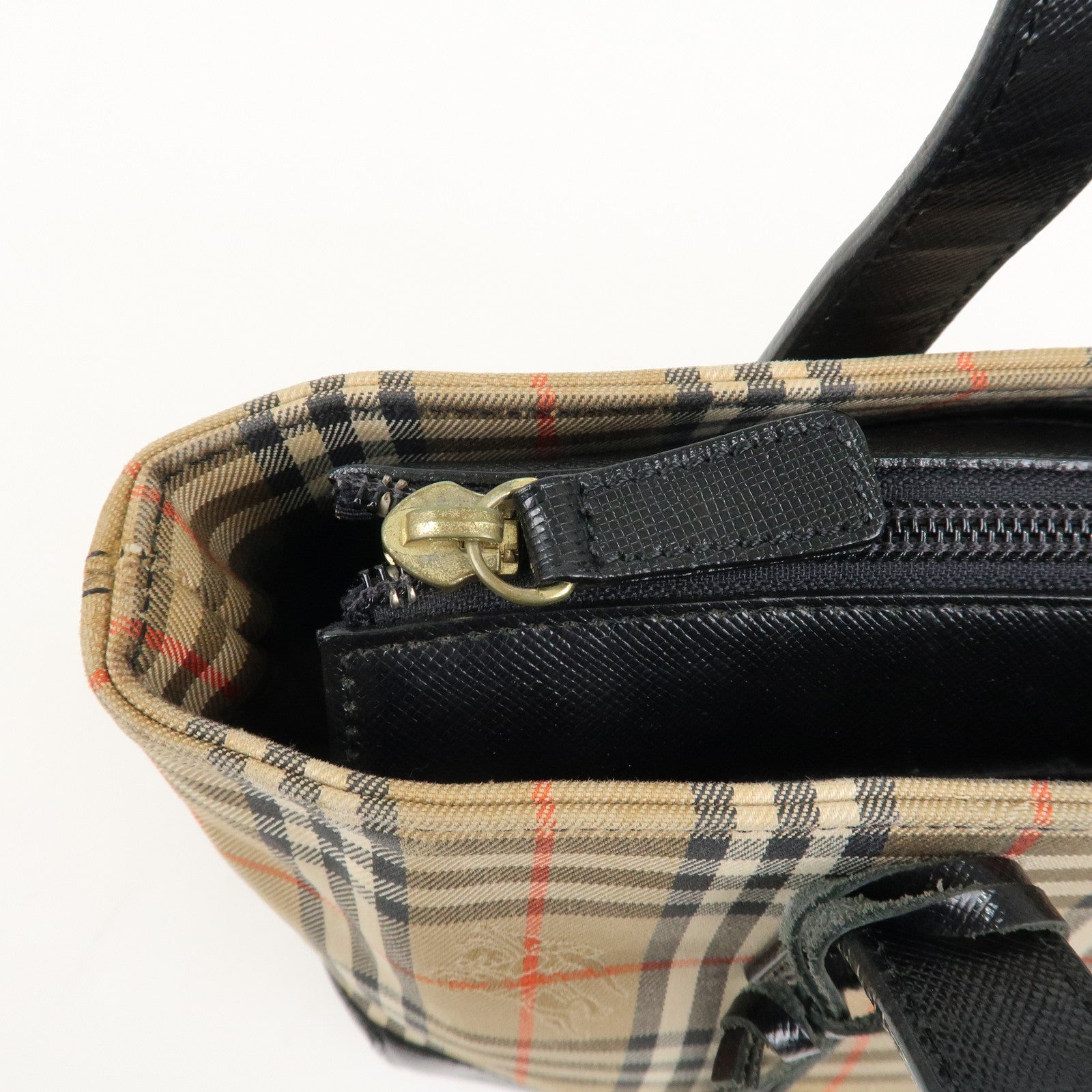 BURBERRY Canvas Leather Nova Plaid Hand Bag Beige Black