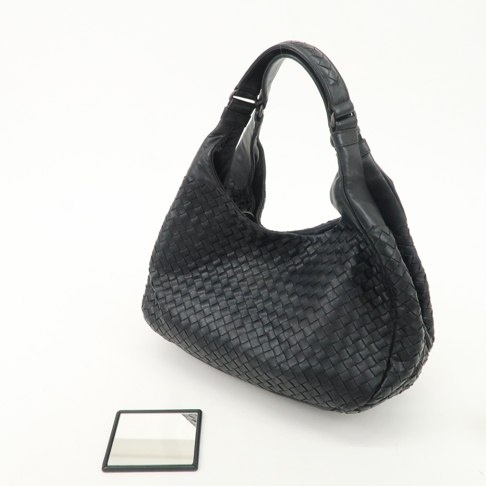 BOTTEGA VENETA Intrecciato Leather Campana Shoulder Bag Black 125787