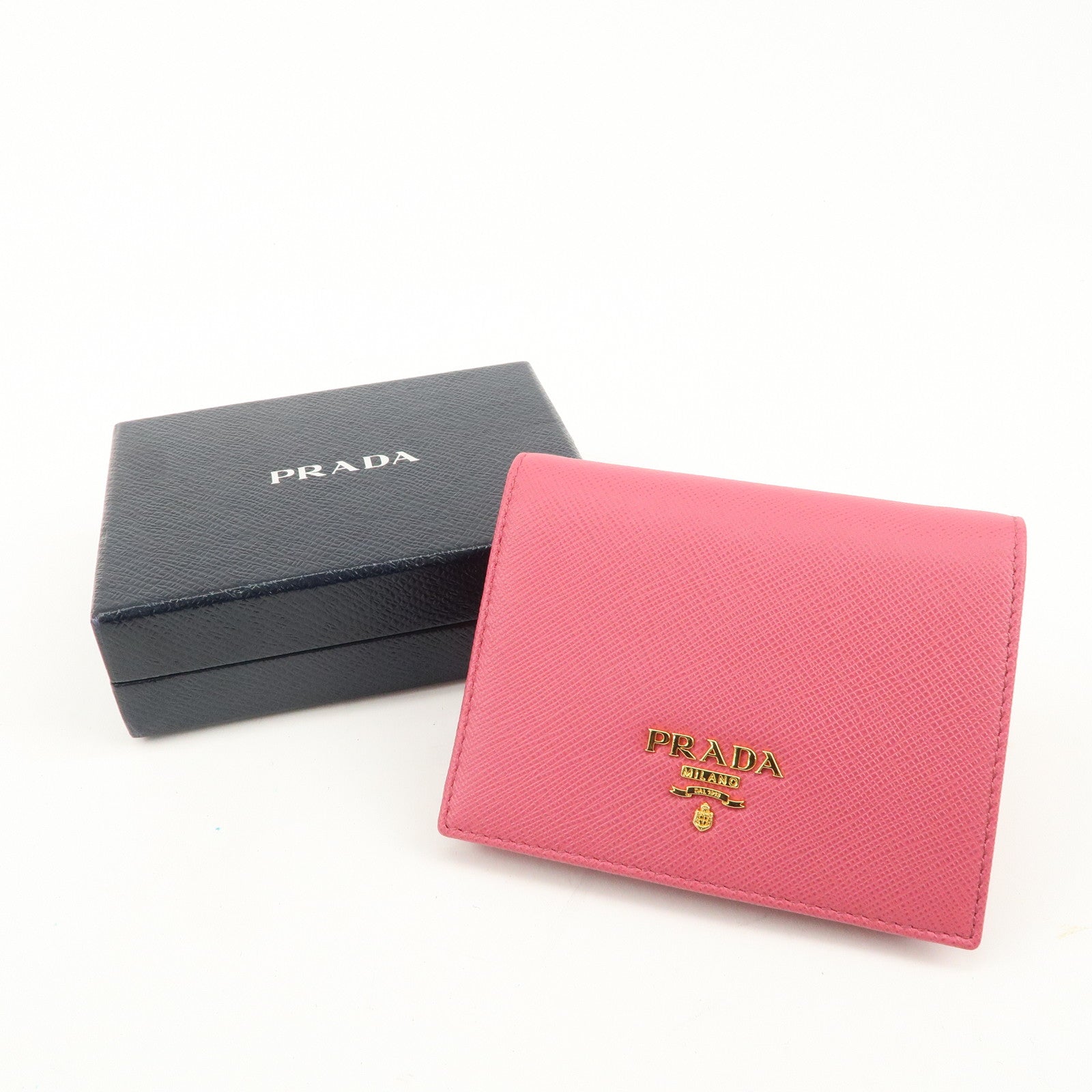 PRADA Logo Saffiano Leather Bi-Fold Wallet Pink 1MV204