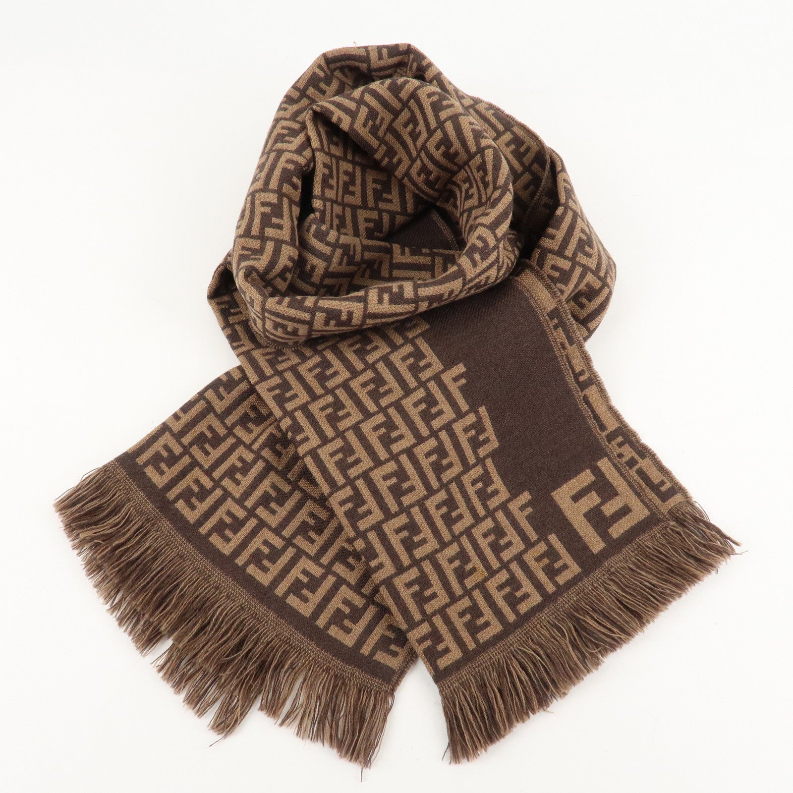 FENDI Zucchino Wool 100% Scarf Brown Black Used