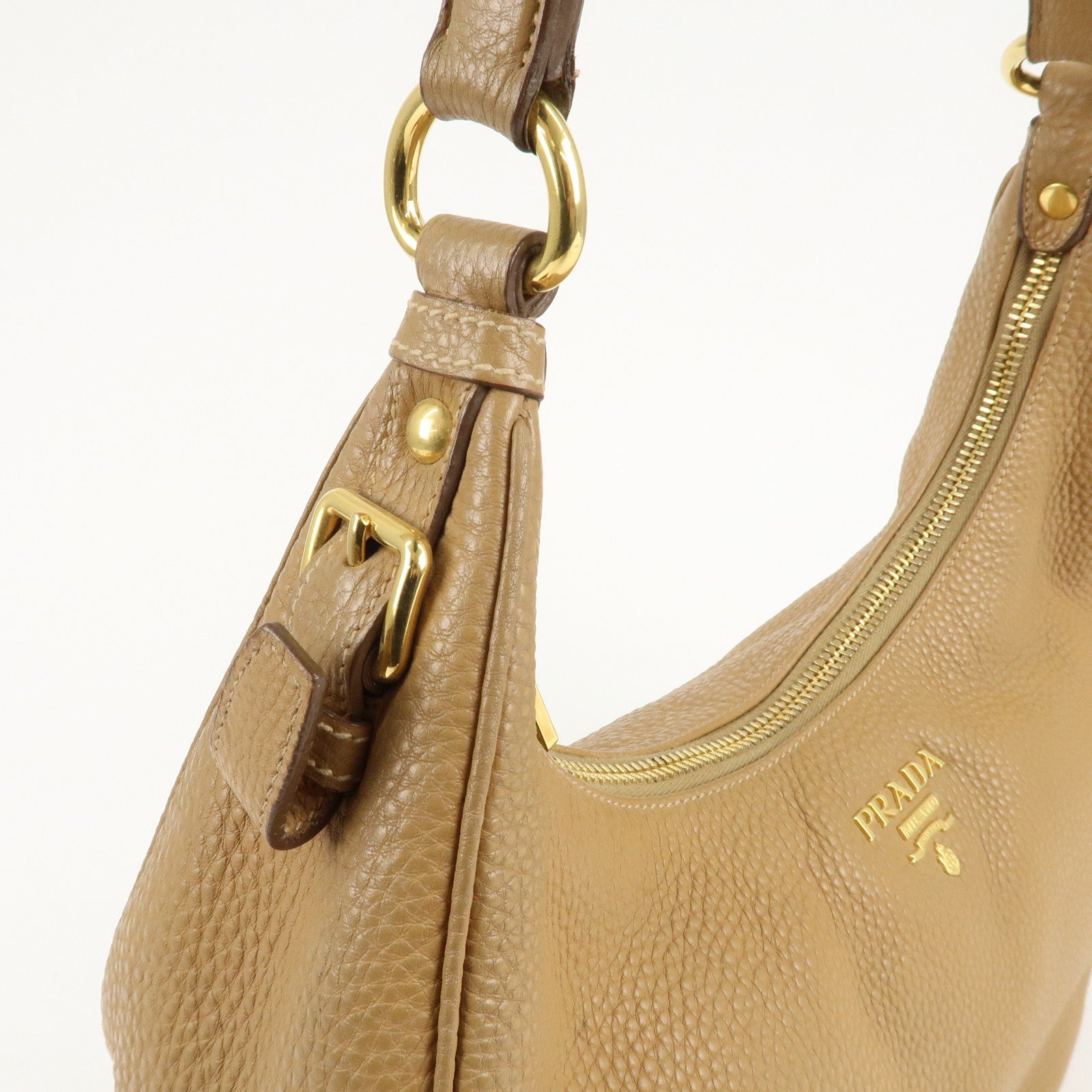 PRADA Leather Shoulder Bag Hand Bag Beige