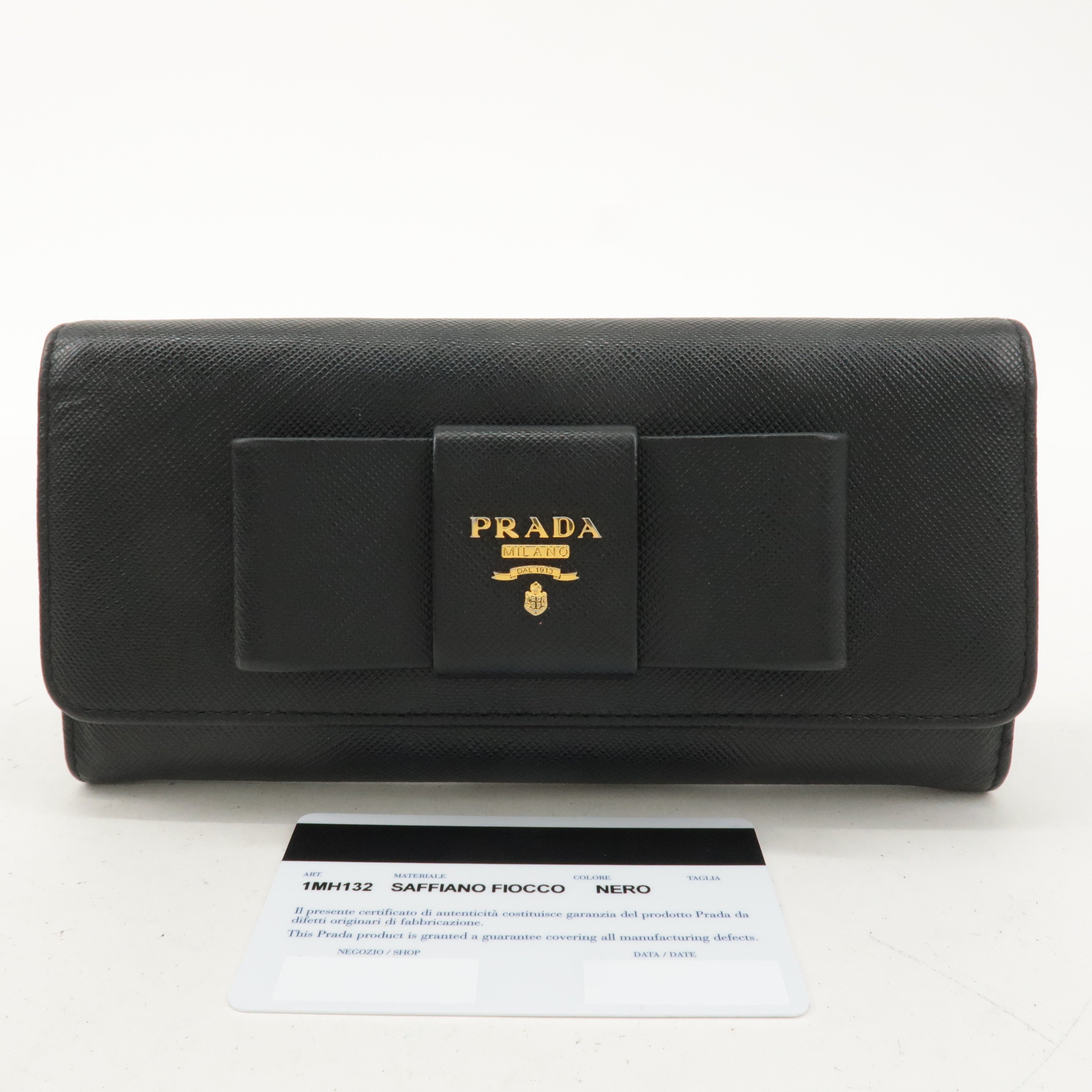 PRADA Saffiano Leather Ribbon Bi-fold Long Wallet Black 1MH132