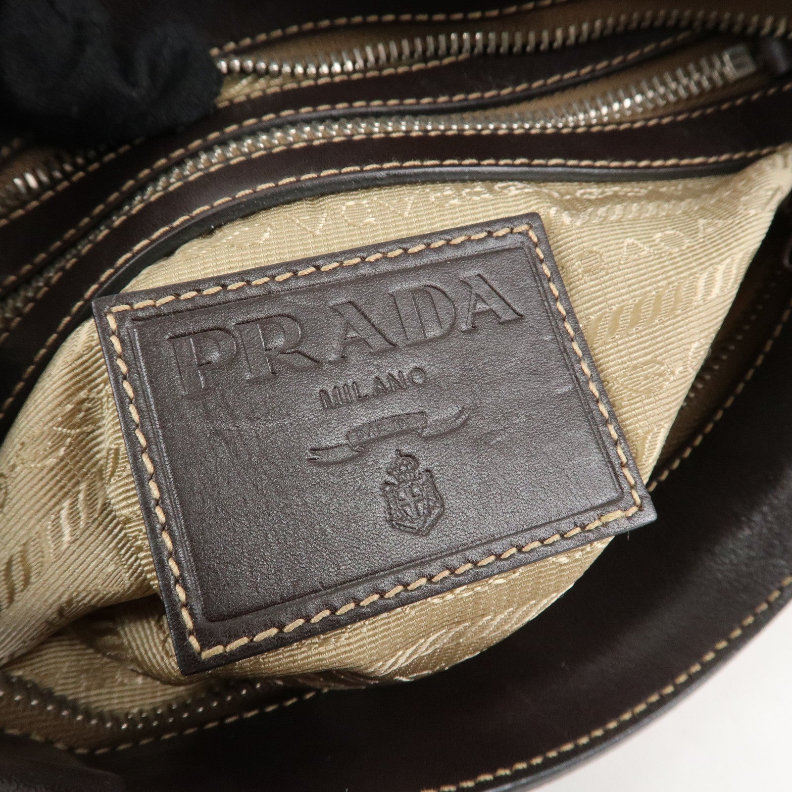 PRADA Logo Jacquard Leather Shoulder Bag Beige Dark Brown M506A Used