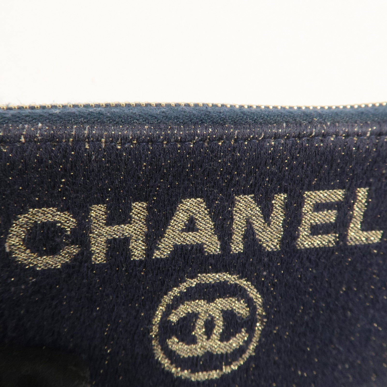 CHANEL Deauville Tweed Leather Pouch Coin Pouch Navy Gold Used